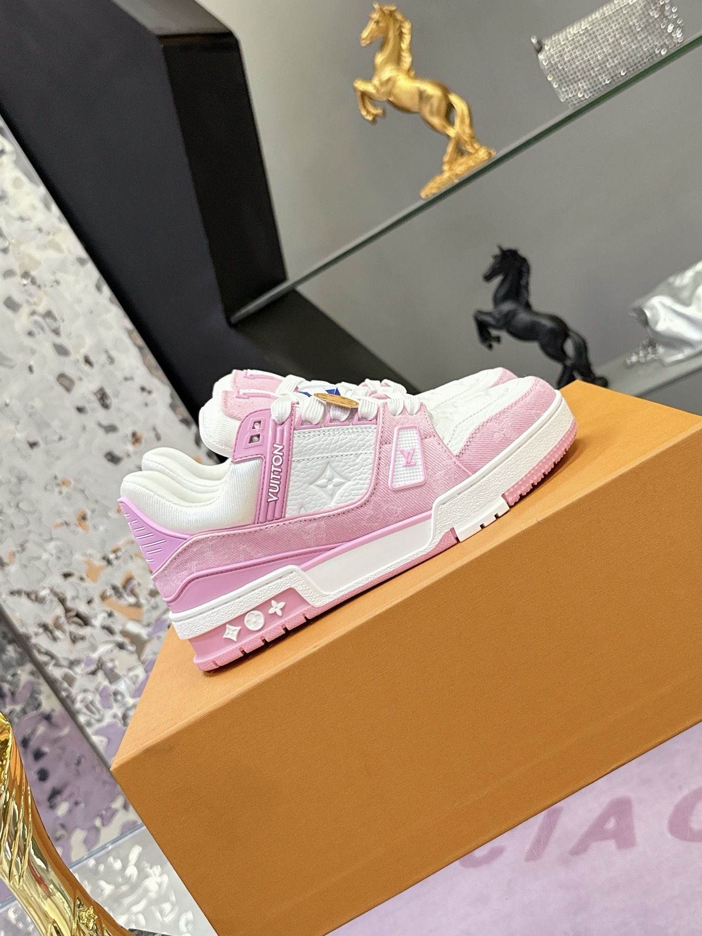 Louis Vuitton LV Trainer Sneakers Pink White Monogram Denim