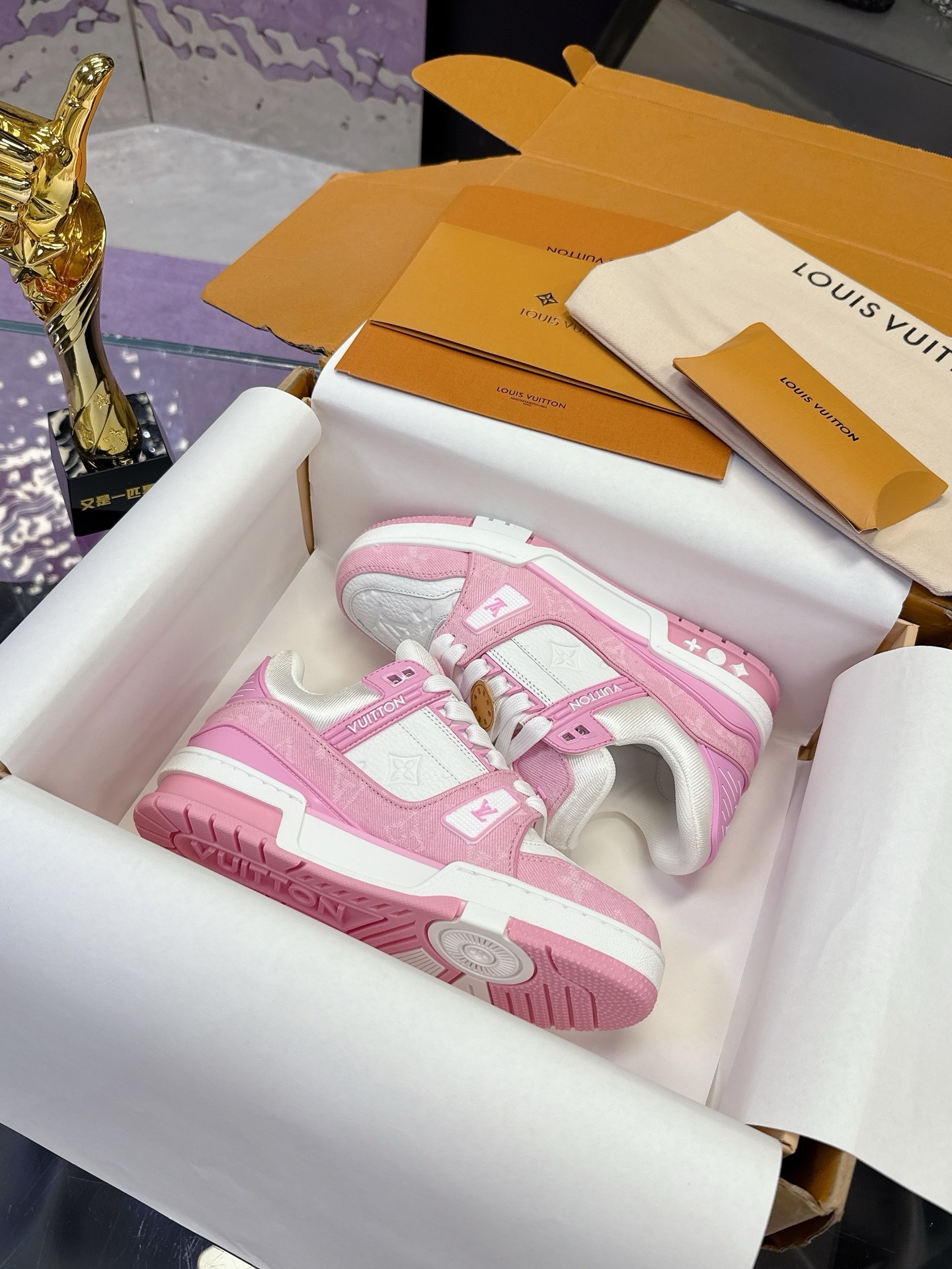Louis Vuitton LV Trainer Sneakers Pink White Monogram Denim