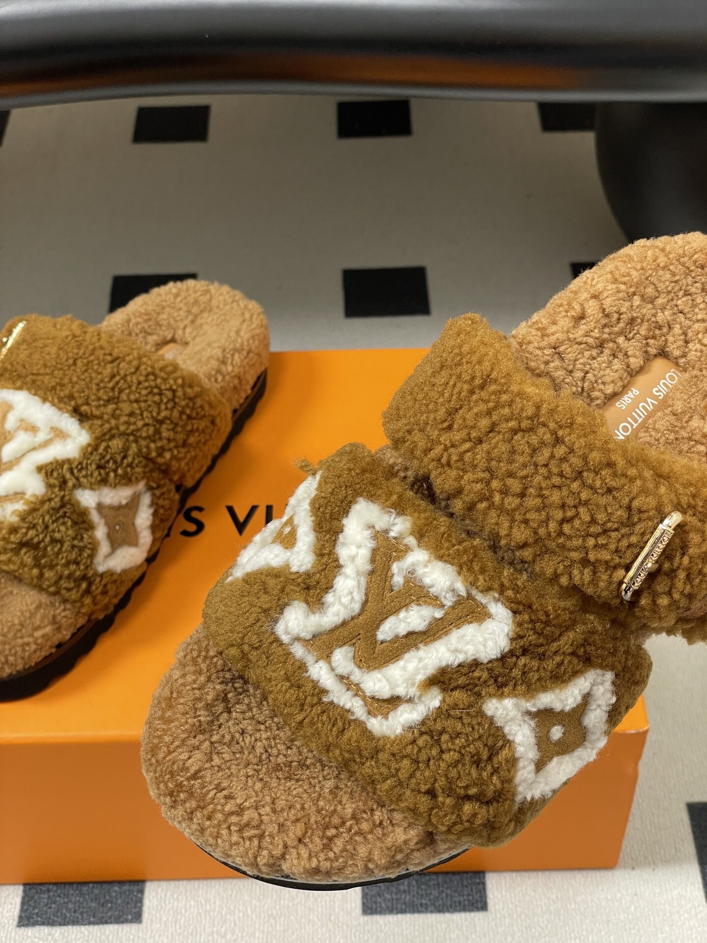 Louis Vuitton Brown Shearling Monogram Flat Comfort Mules