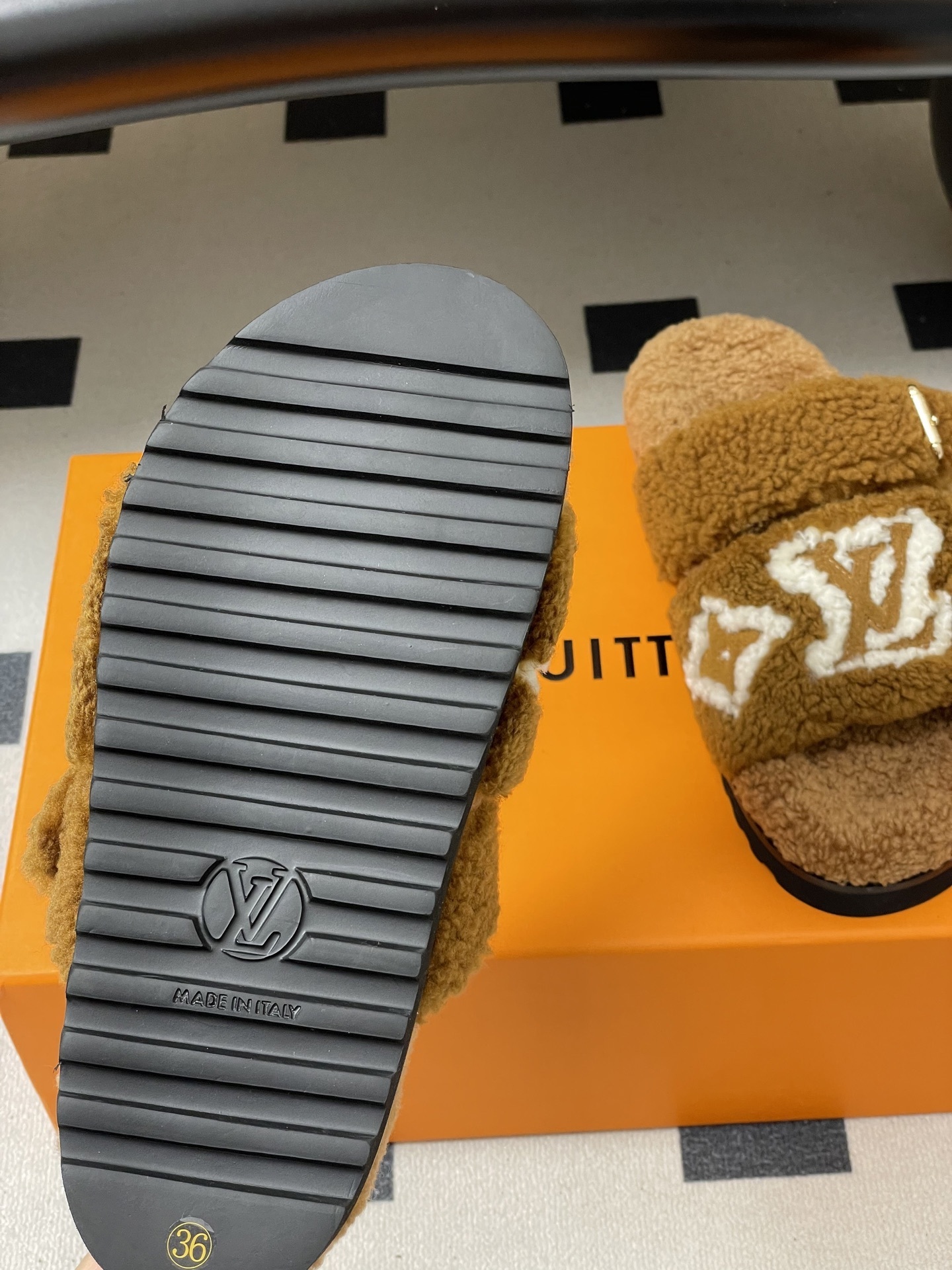 Louis Vuitton Brown Shearling Monogram Flat Comfort Mules