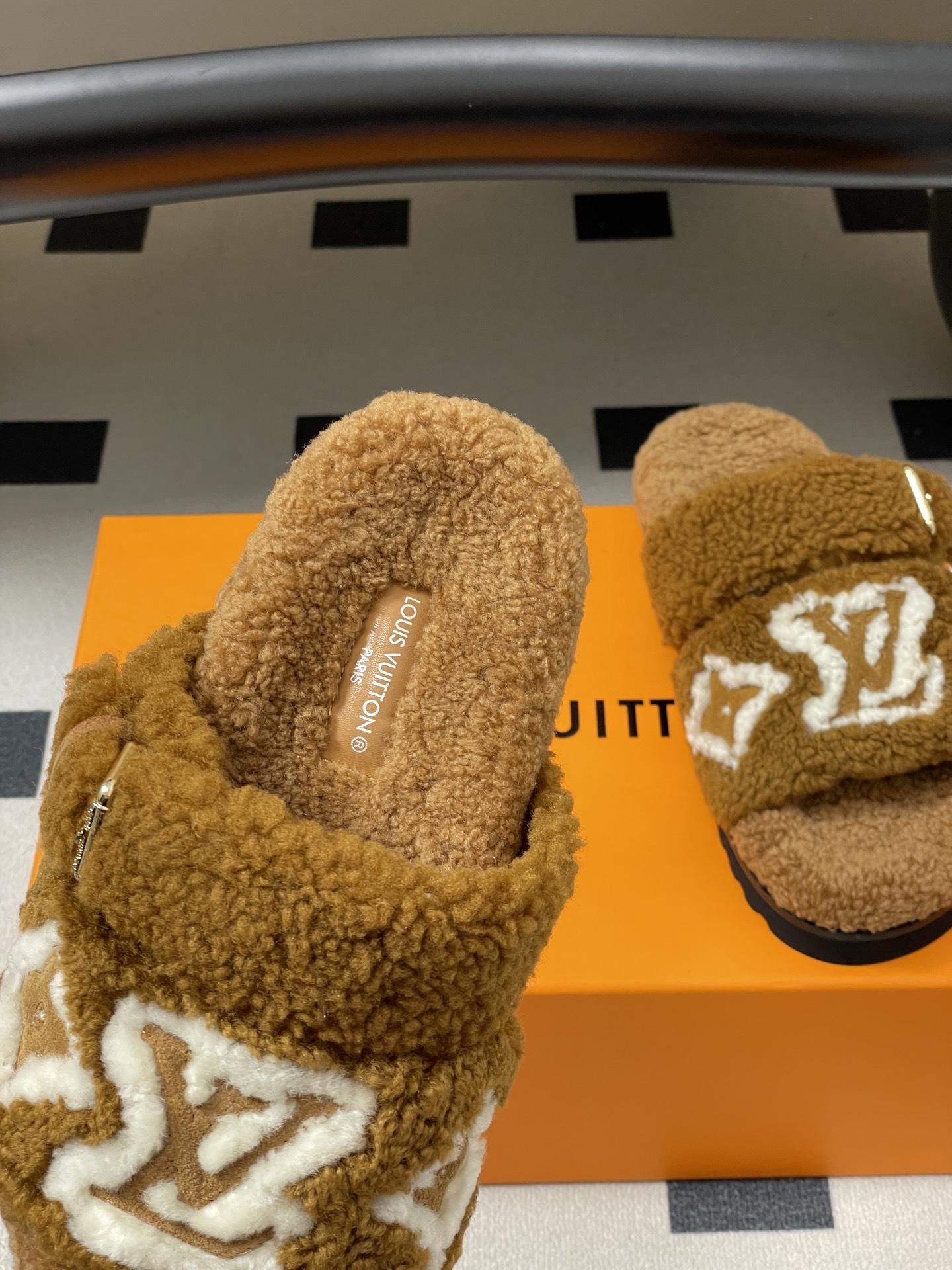Louis Vuitton Brown Shearling Monogram Flat Comfort Mules