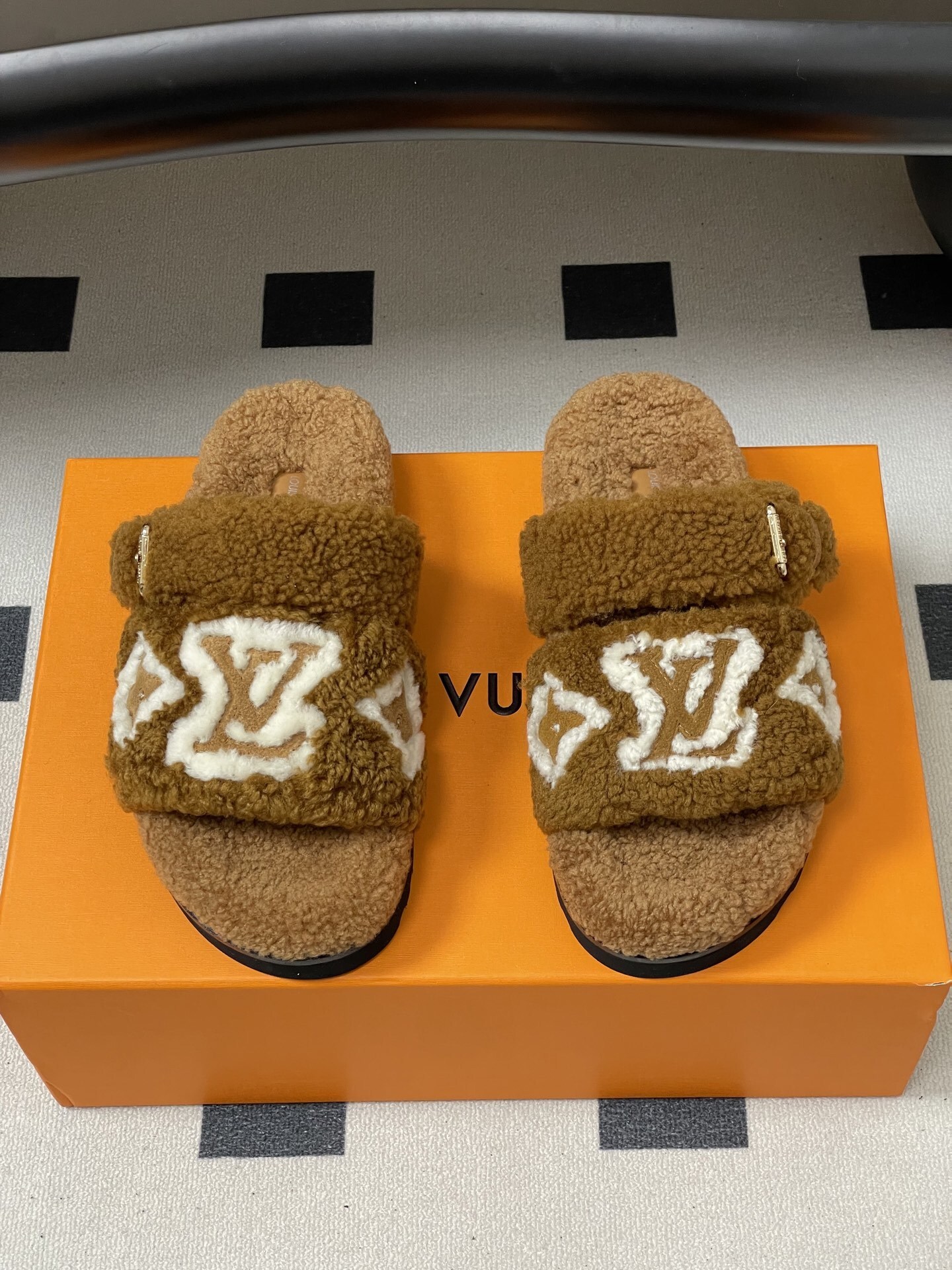 Louis Vuitton Brown Shearling Monogram Flat Comfort Mules