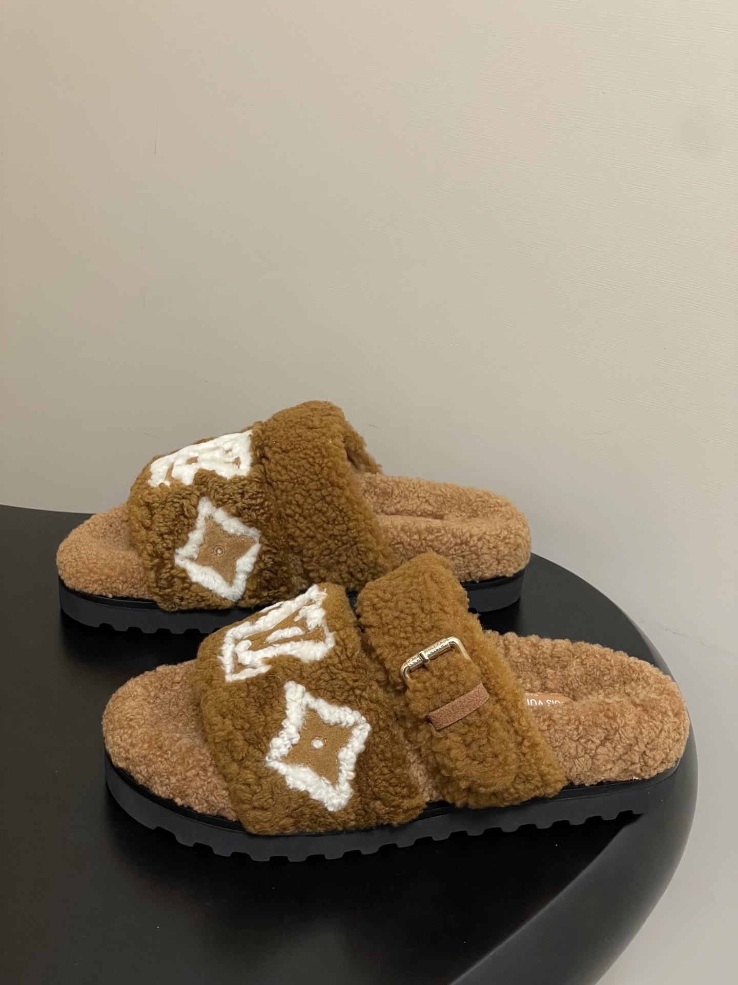 Louis Vuitton Brown Shearling Monogram Flat Comfort Mules