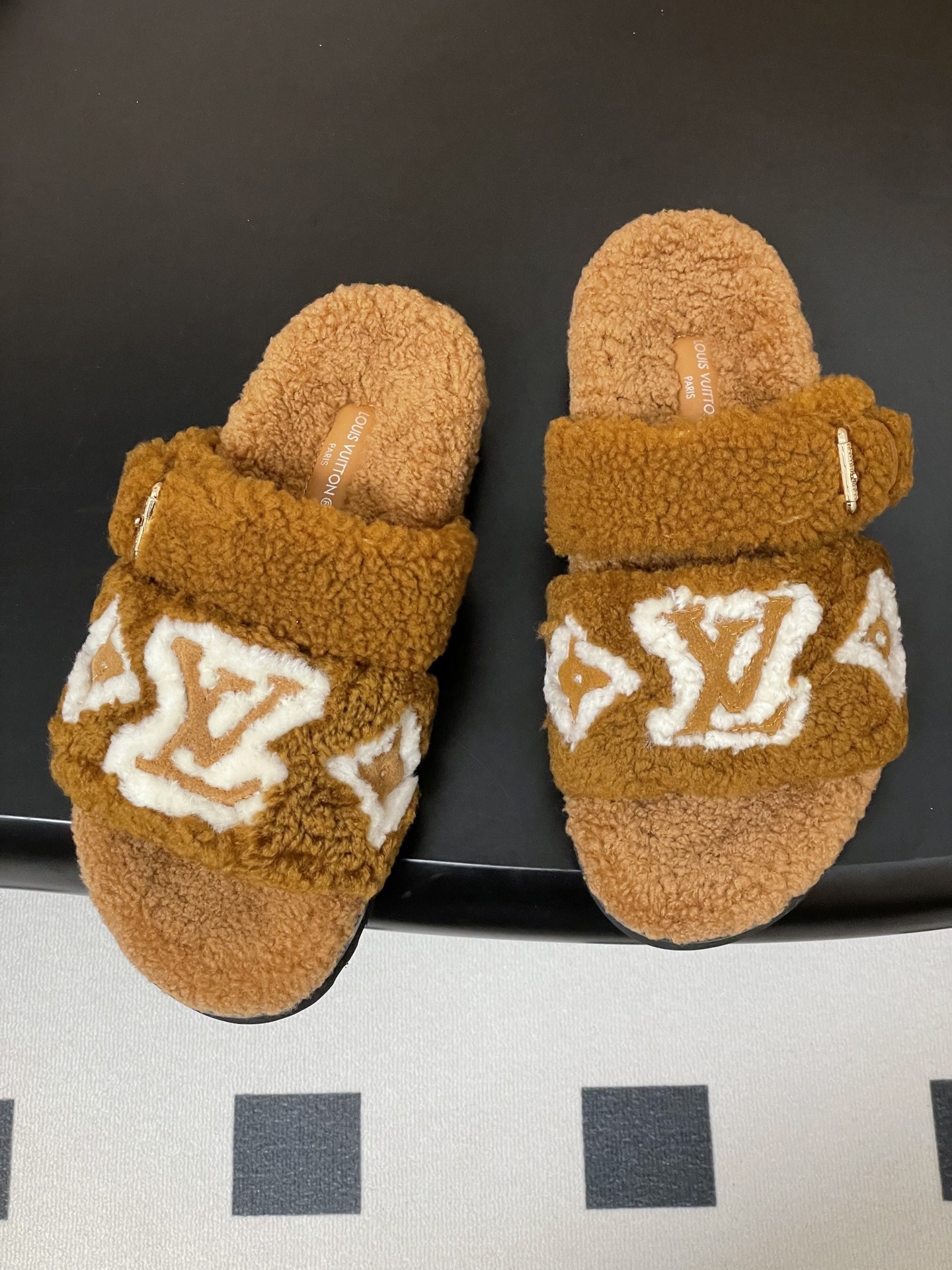 Louis Vuitton Brown Shearling Monogram Flat Comfort Mules