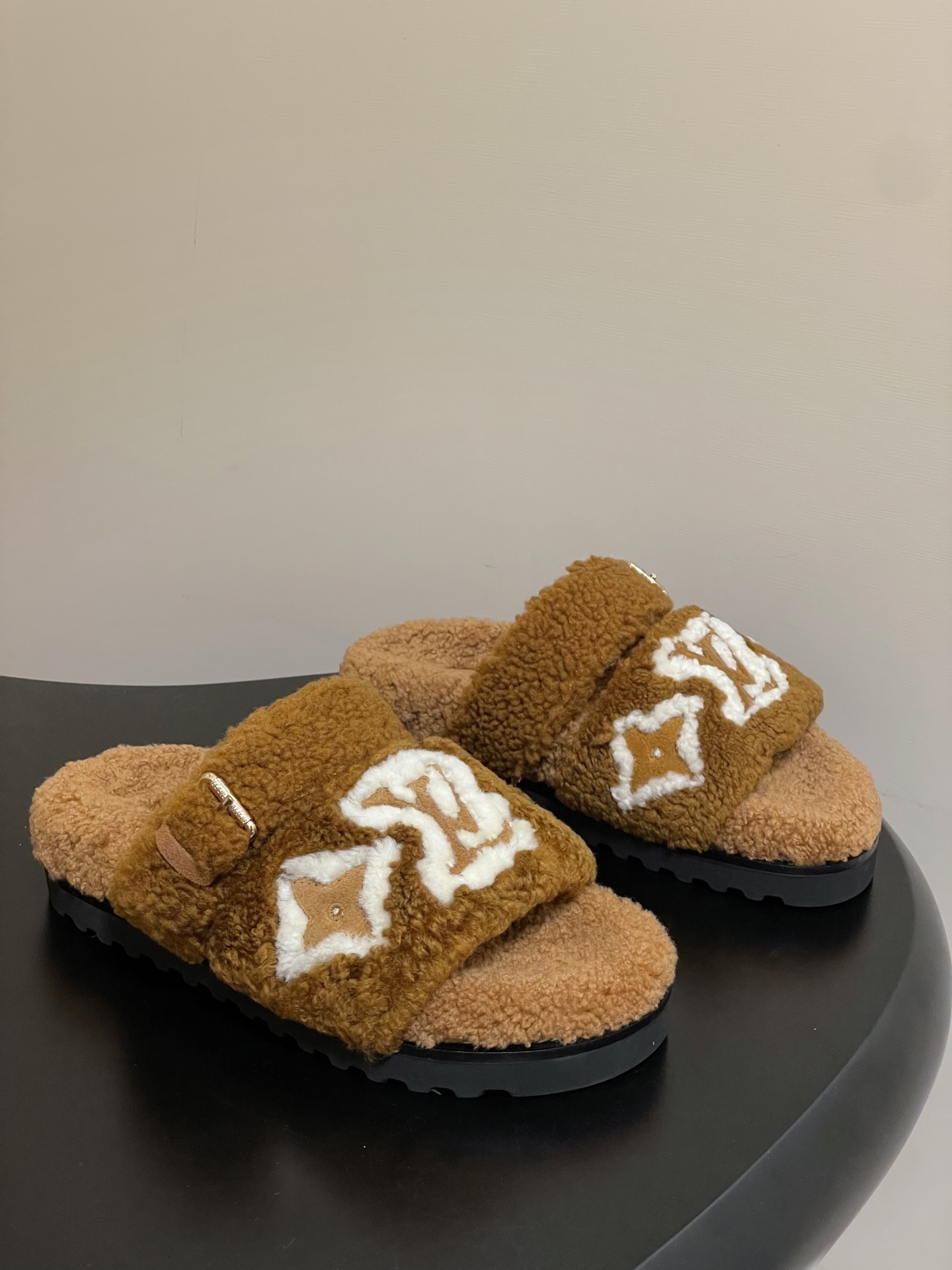 Louis Vuitton Brown Shearling Monogram Flat Comfort Mules
