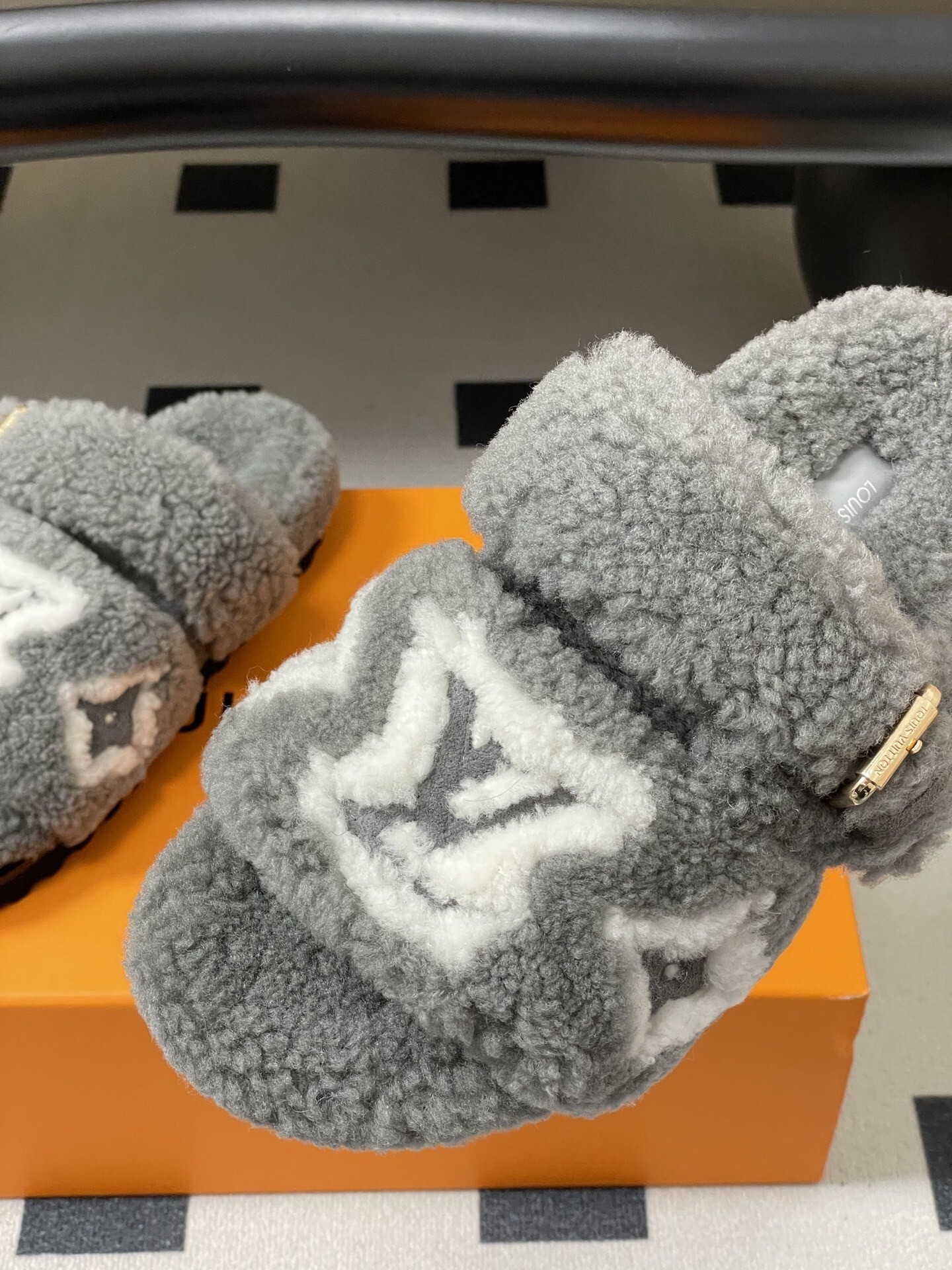Luxury Grey Faux Fur Monogram Slides - Cozy Designer Style Sandals