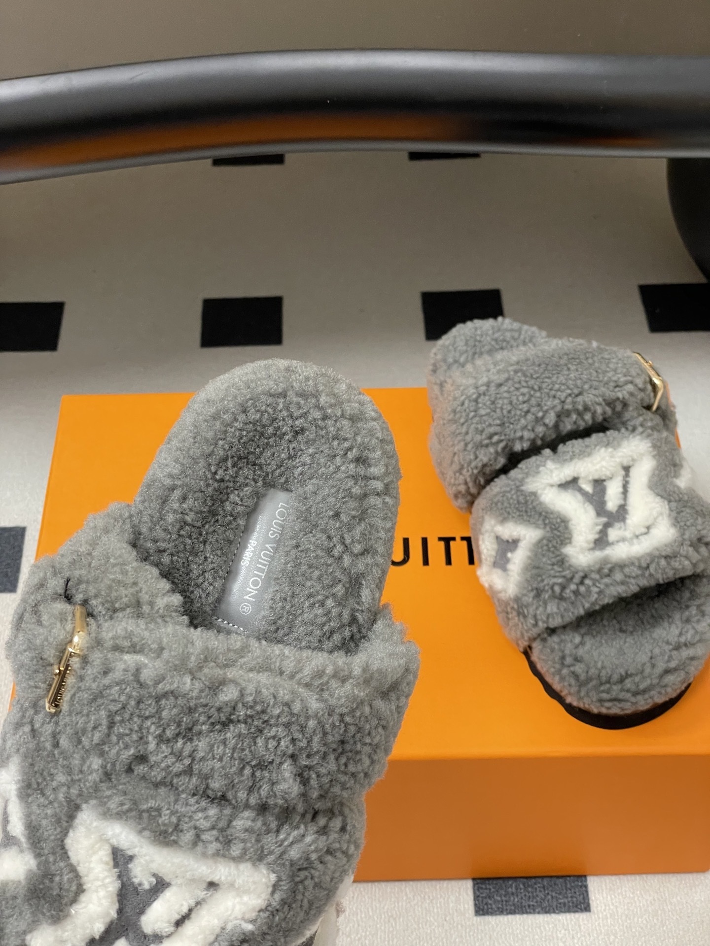 Luxury Grey Faux Fur Monogram Slides - Cozy Designer Style Sandals
