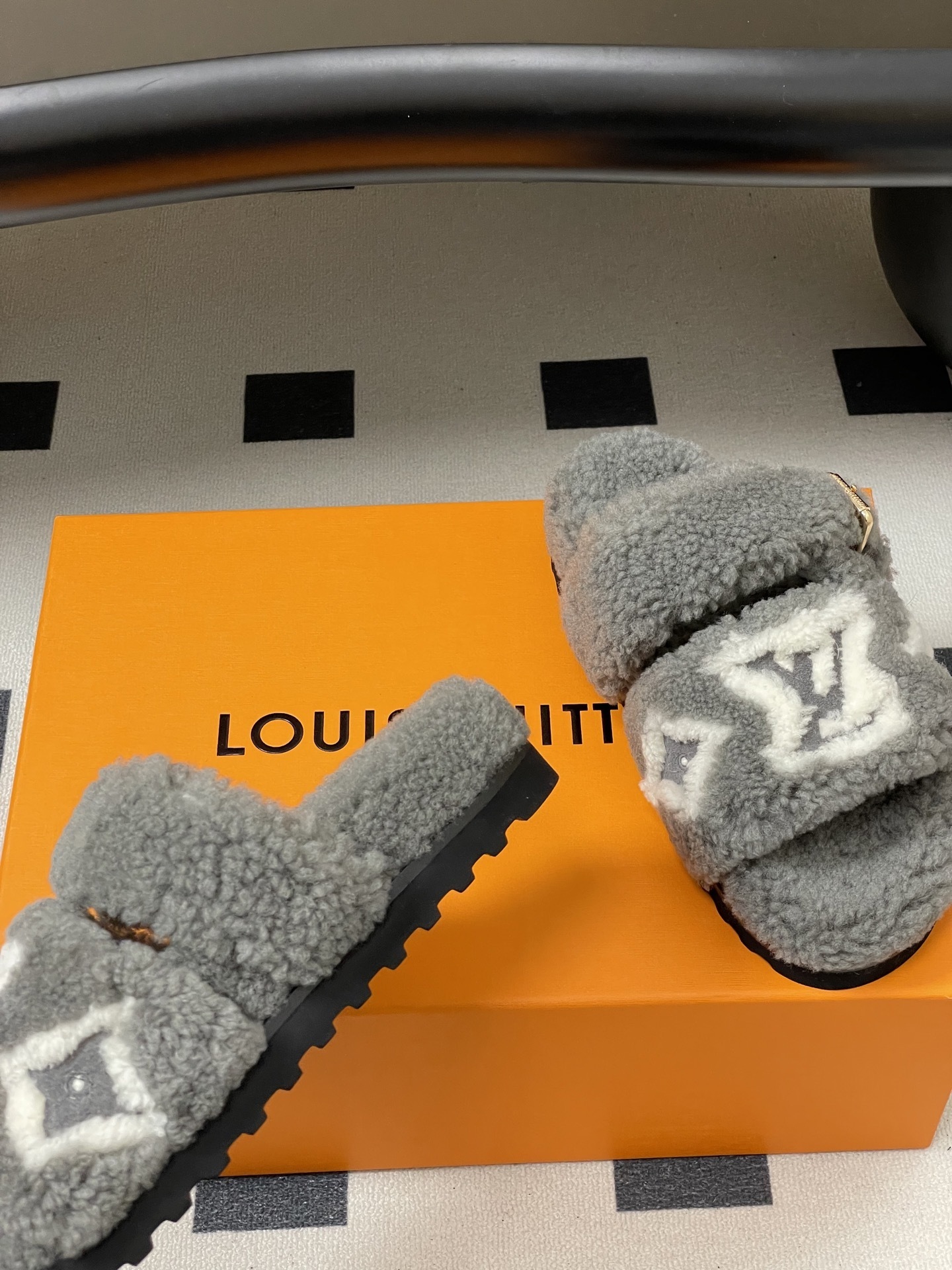 Luxury Grey Faux Fur Monogram Slides - Cozy Designer Style Sandals