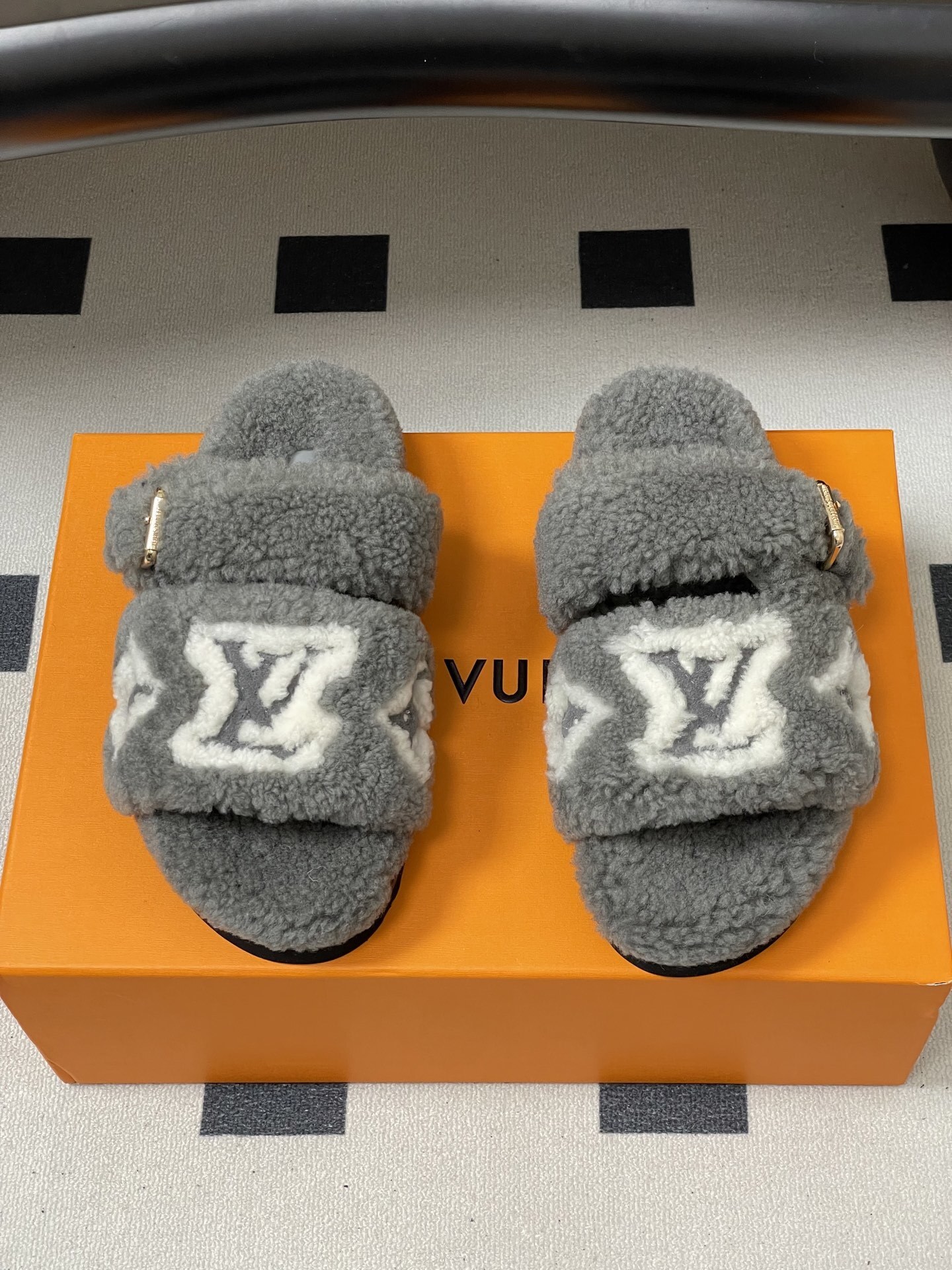 Luxury Grey Faux Fur Monogram Slides - Cozy Designer Style Sandals