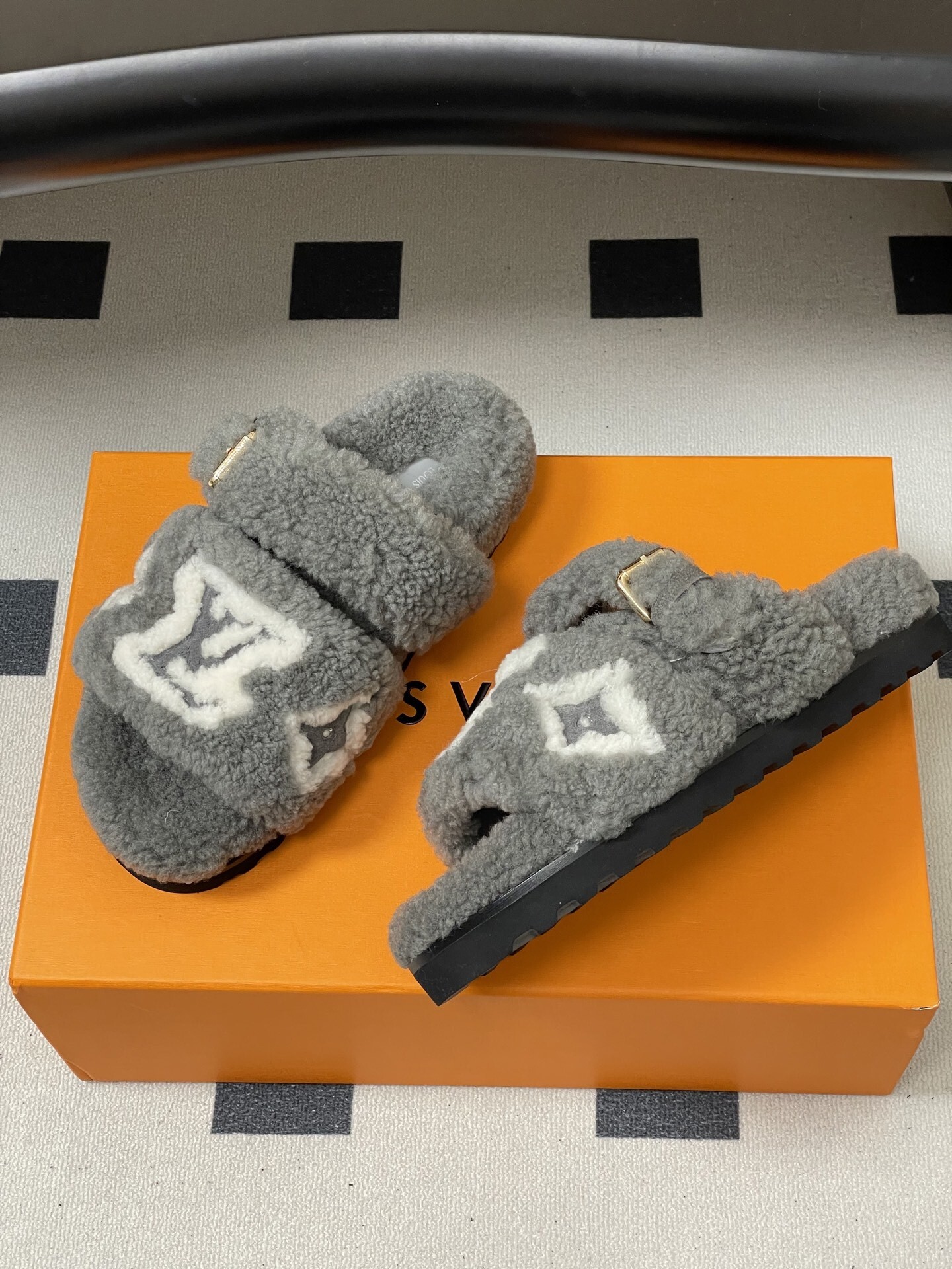 Luxury Grey Faux Fur Monogram Slides - Cozy Designer Style Sandals