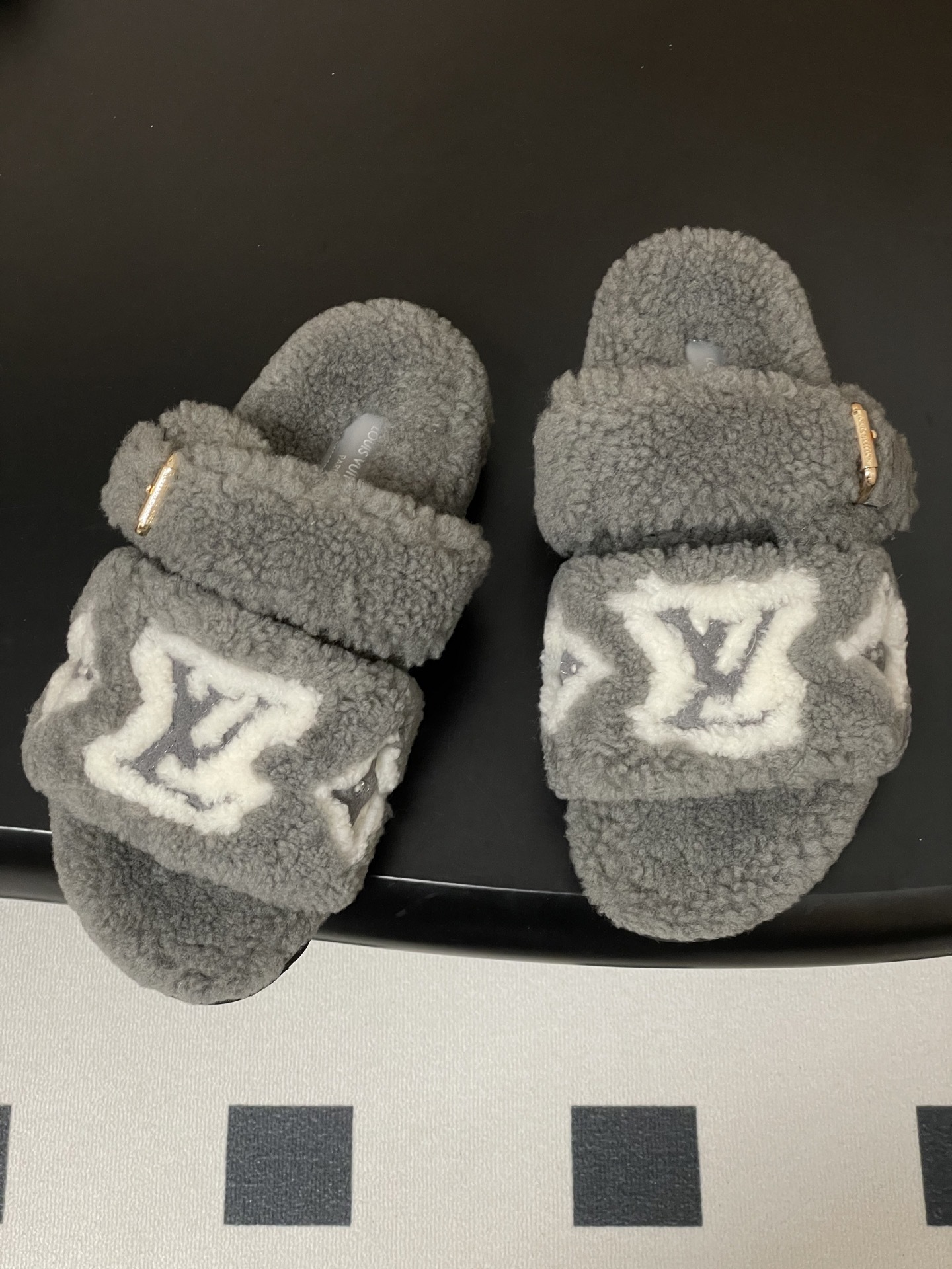 Luxury Grey Faux Fur Monogram Slides - Cozy Designer Style Sandals