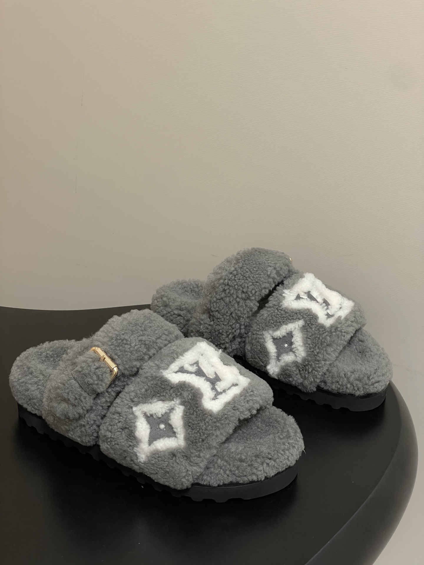 Luxury Grey Faux Fur Monogram Slides – Cozy Designer Style Sandals