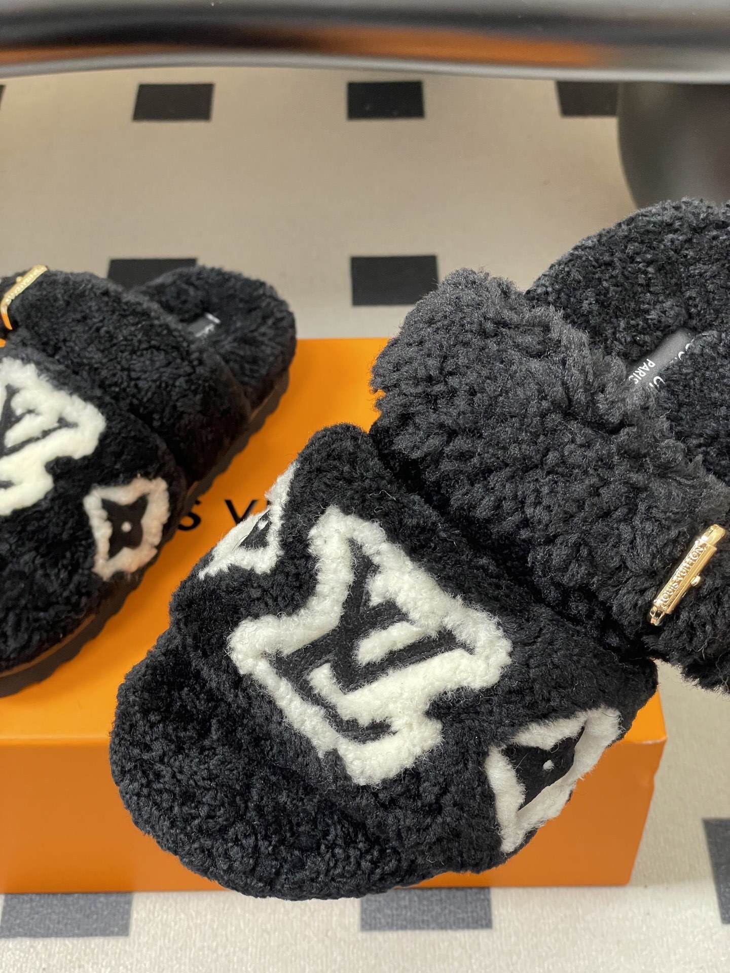 Luxury Black Shearling Monogram Slippers - Cozy Fuzzy Slides