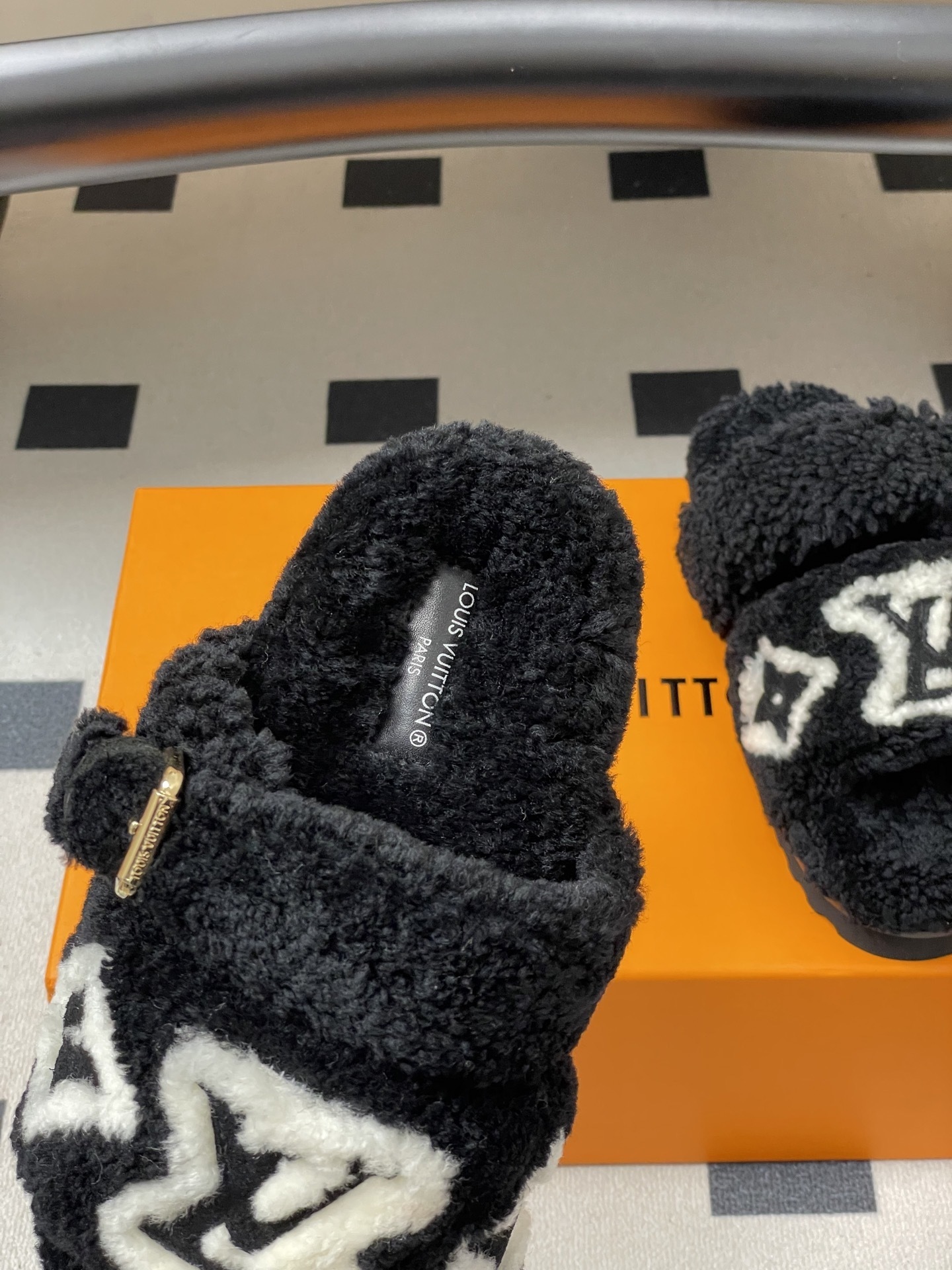 Luxury Black Shearling Monogram Slippers - Cozy Fuzzy Slides