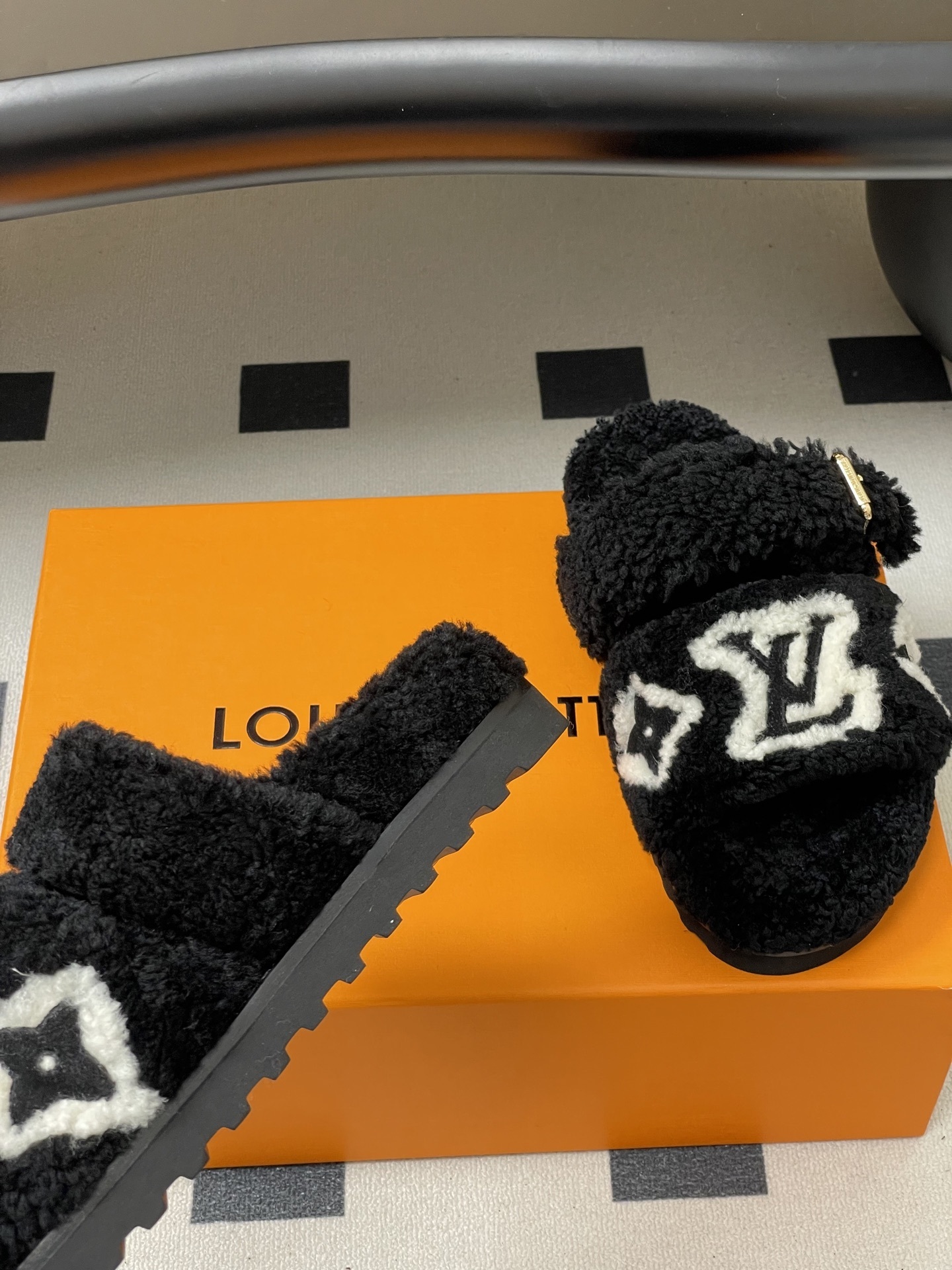 Luxury Black Shearling Monogram Slippers - Cozy Fuzzy Slides