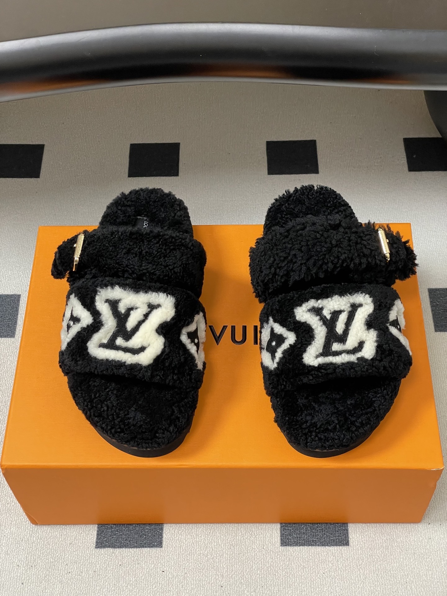 Luxury Black Shearling Monogram Slippers - Cozy Fuzzy Slides