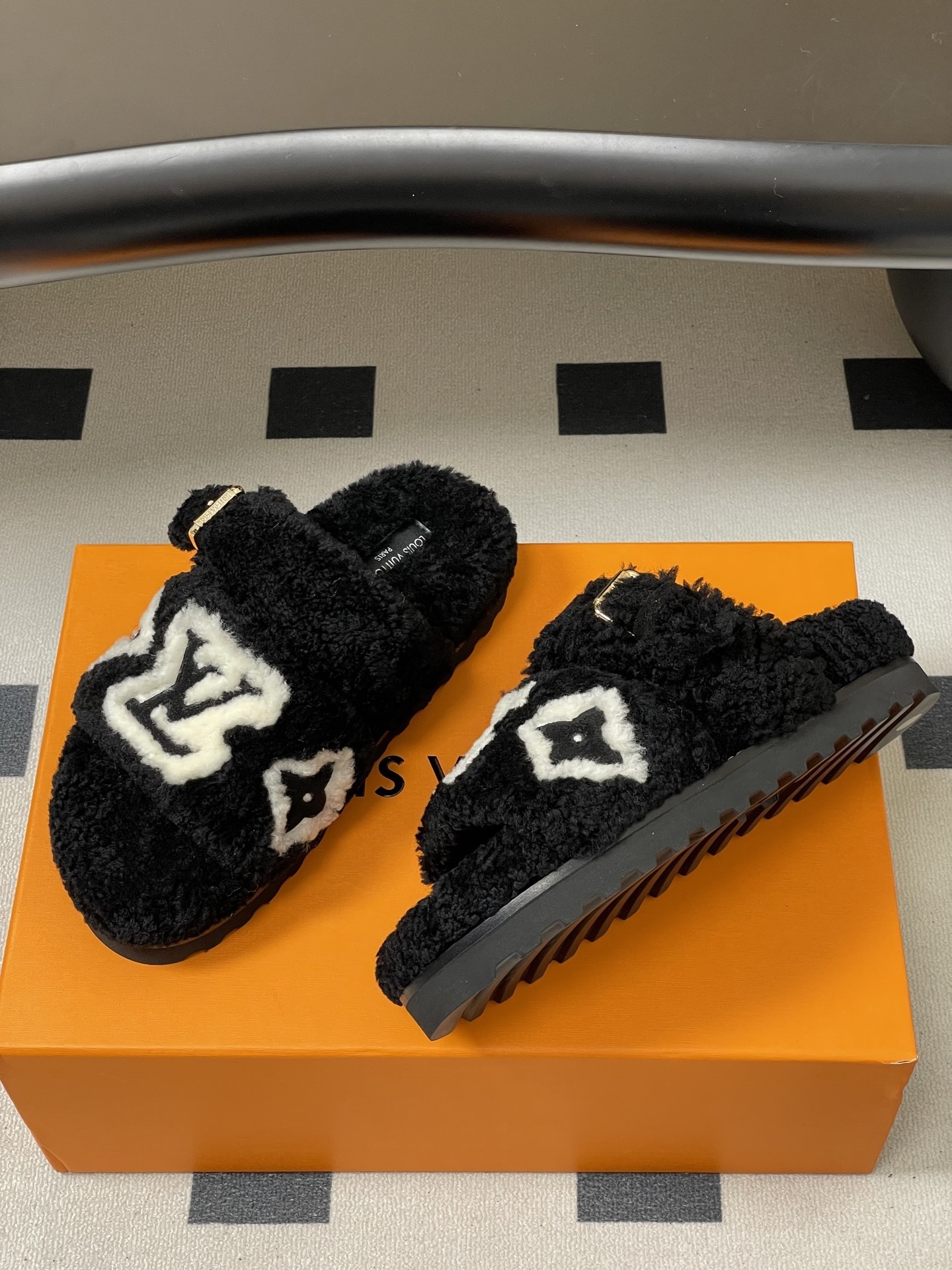 Luxury Black Shearling Monogram Slippers - Cozy Fuzzy Slides
