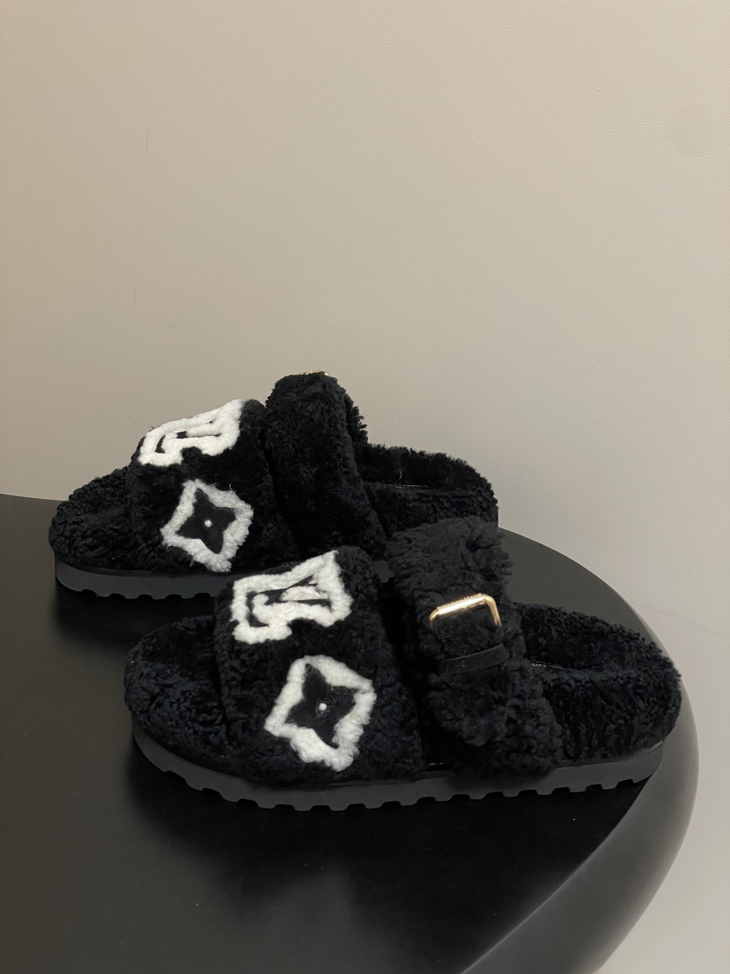 Luxury Black Shearling Monogram Slippers - Cozy Fuzzy Slides