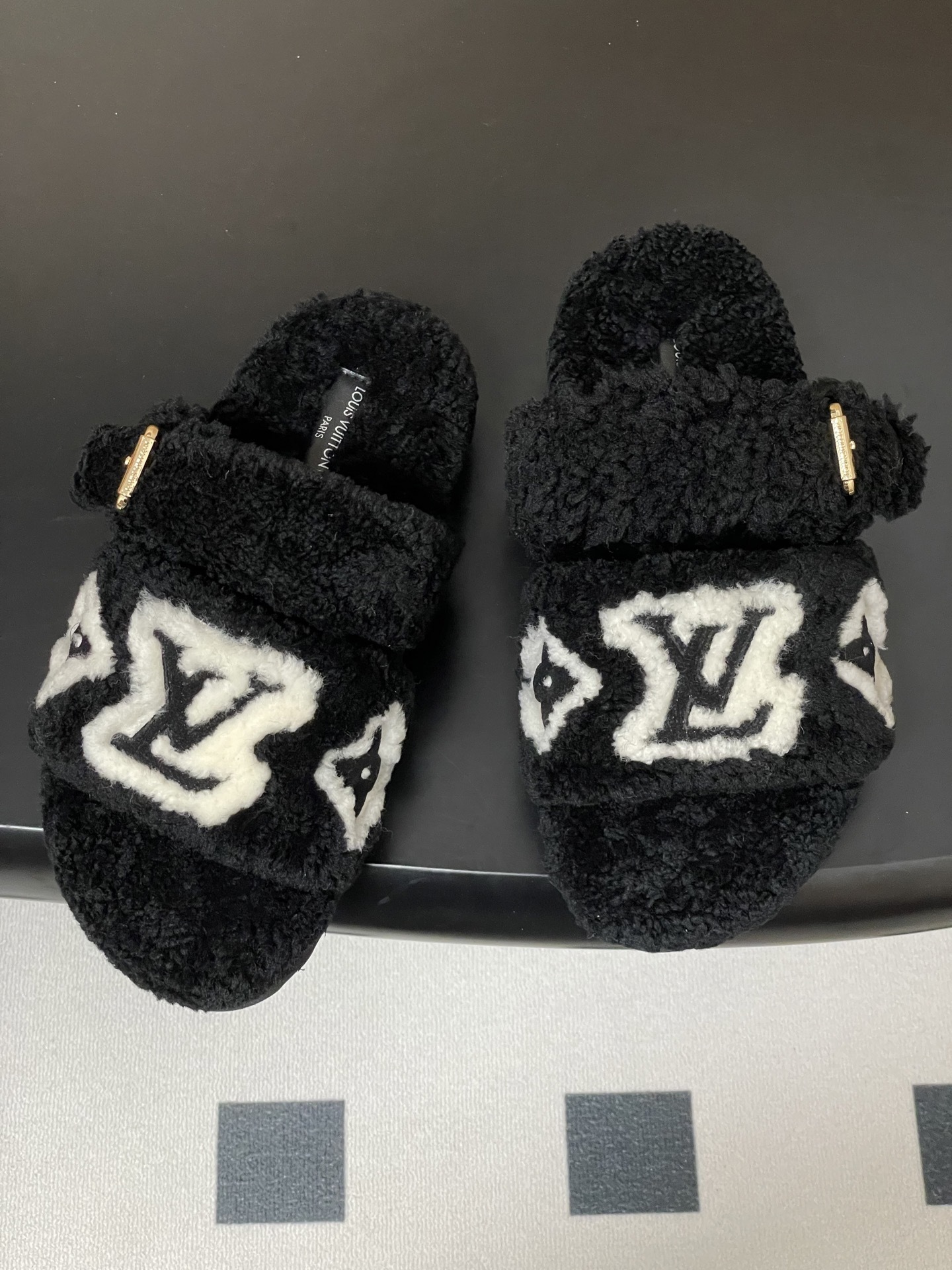 Luxury Black Shearling Monogram Slippers - Cozy Fuzzy Slides
