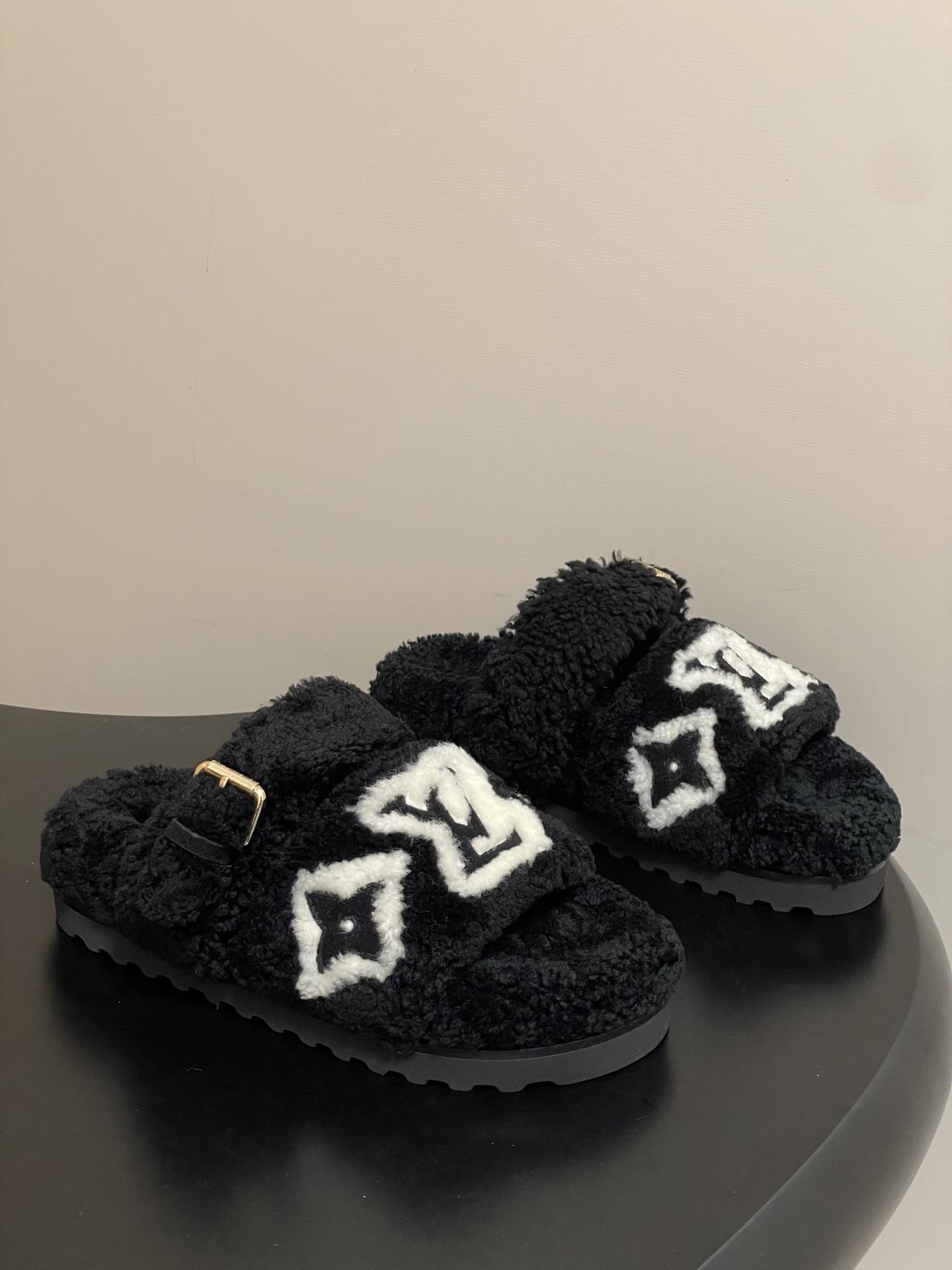Luxury Black Shearling Monogram Slippers – Cozy Fuzzy Slides