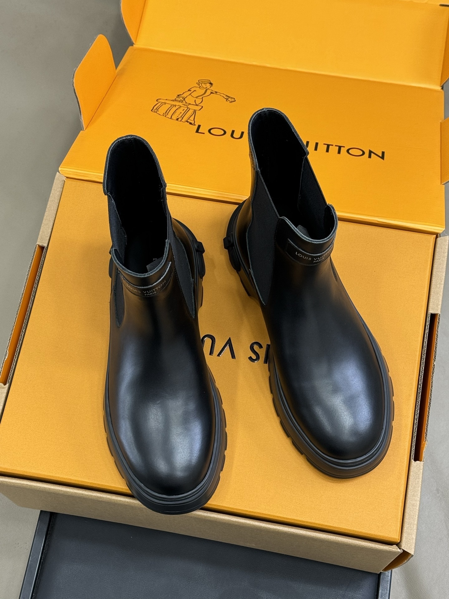 Louis Vuitton Black Leather Chelsea Boots with Monogram Detail