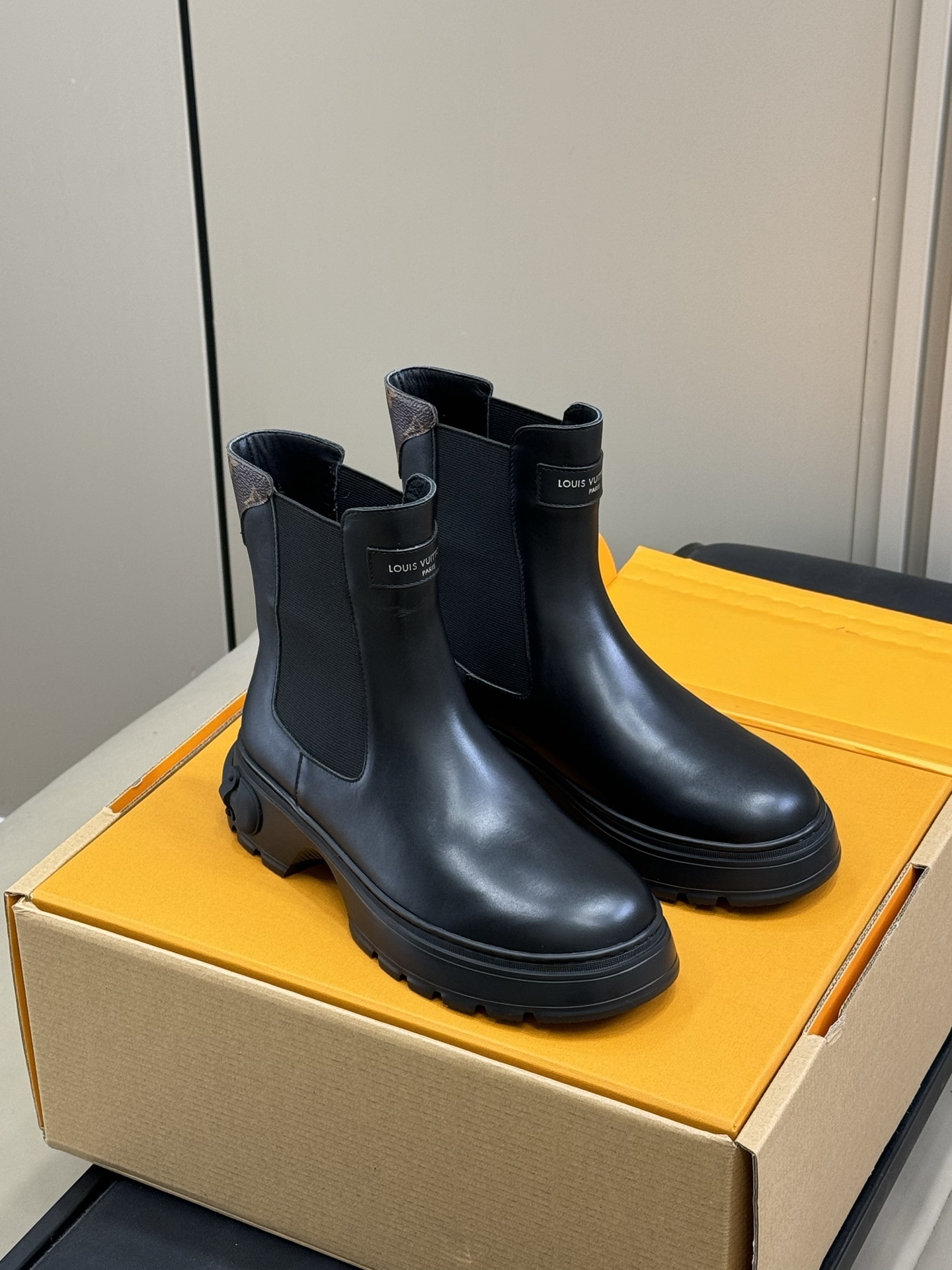 Louis Vuitton Black Leather Chelsea Boots with Monogram Detail
