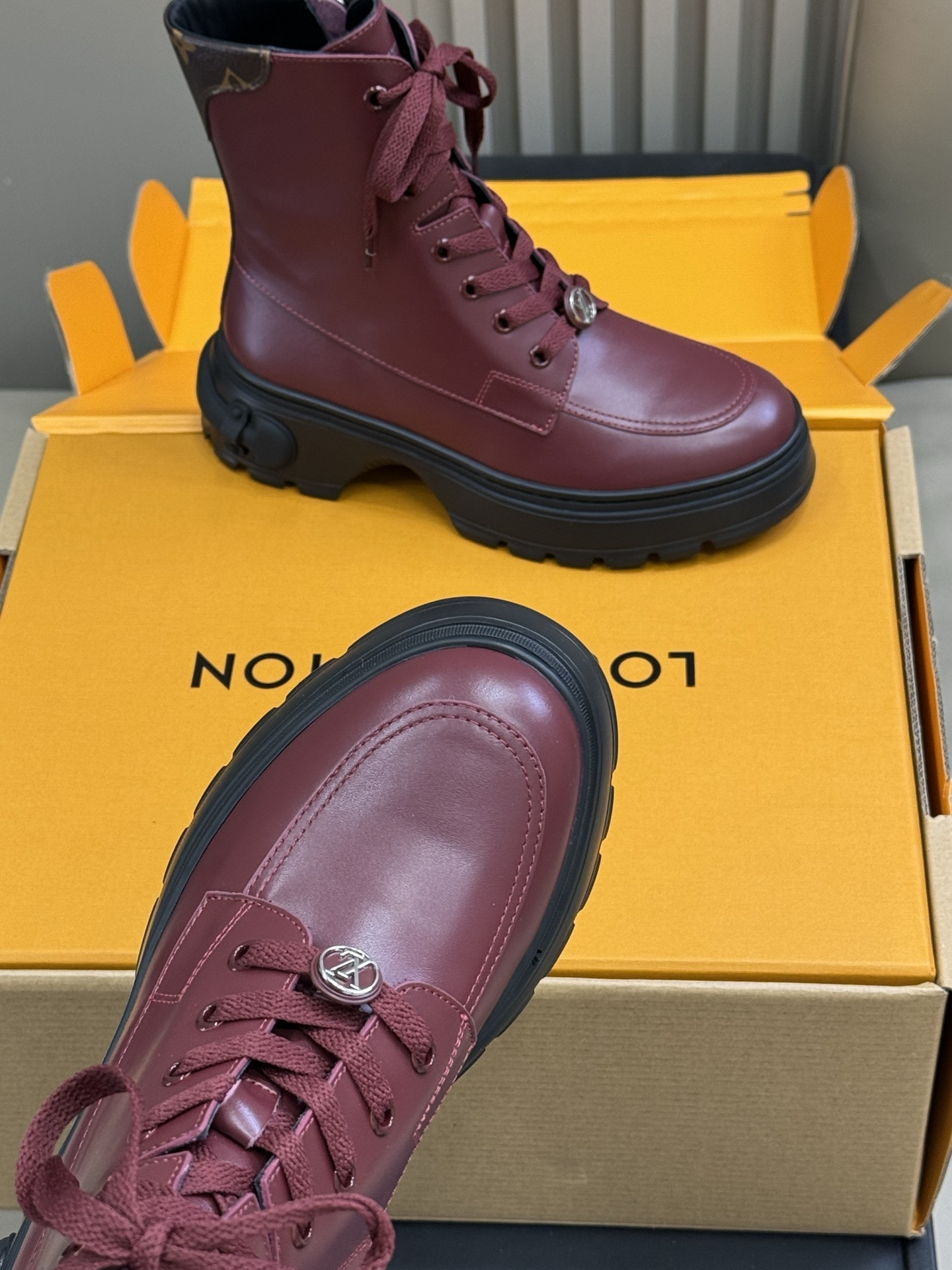 Luxury Burgundy Leather Lace-Up Ankle Boots with Chunky Sole