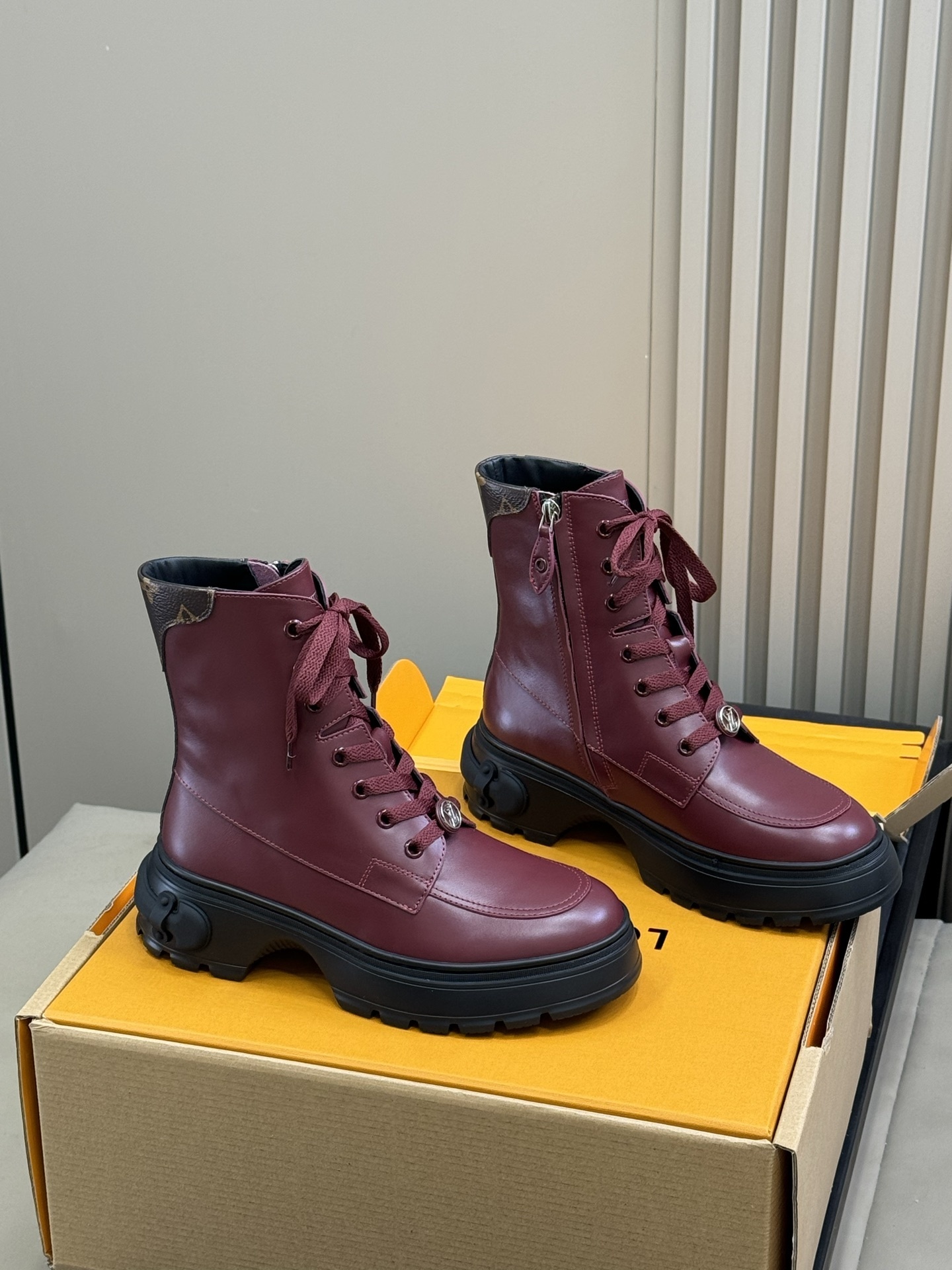 Luxury Burgundy Leather Lace-Up Ankle Boots with Chunky Sole