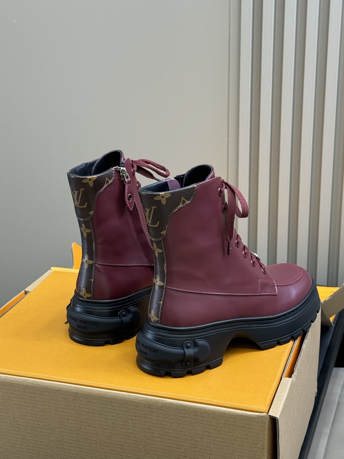 Luxury Burgundy Leather Lace-Up Ankle Boots with Chunky Sole