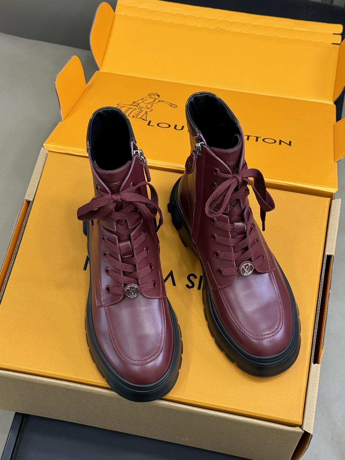 Luxury Burgundy Leather Lace-Up Ankle Boots with Chunky Sole