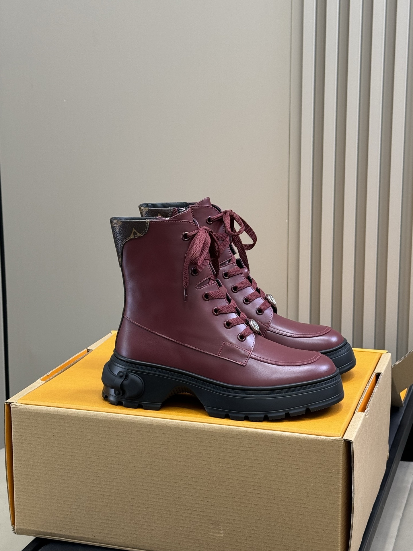 Luxury Burgundy Leather Lace-Up Ankle Boots with Chunky Sole