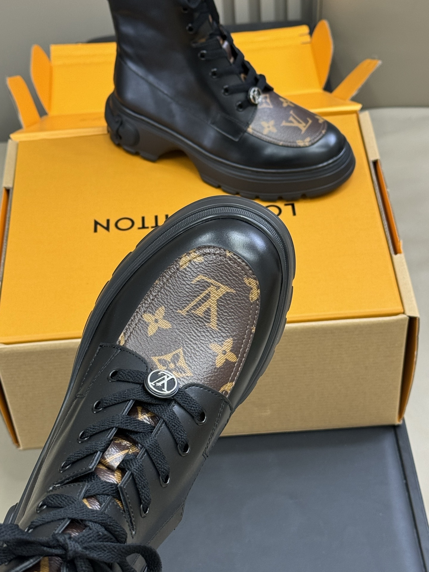 Luxury Black Leather Monogram Combat Ankle Boots for Women