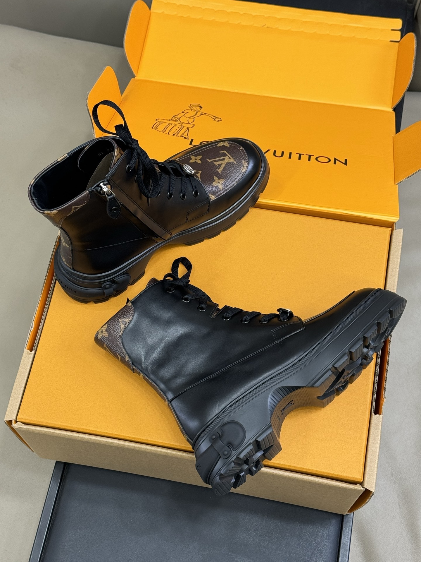 Luxury Black Leather Monogram Combat Ankle Boots for Women