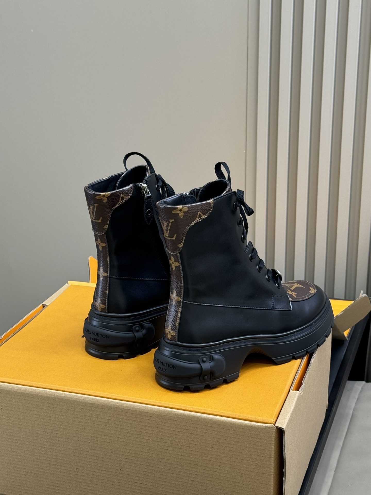 Luxury Black Leather Monogram Combat Ankle Boots for Women