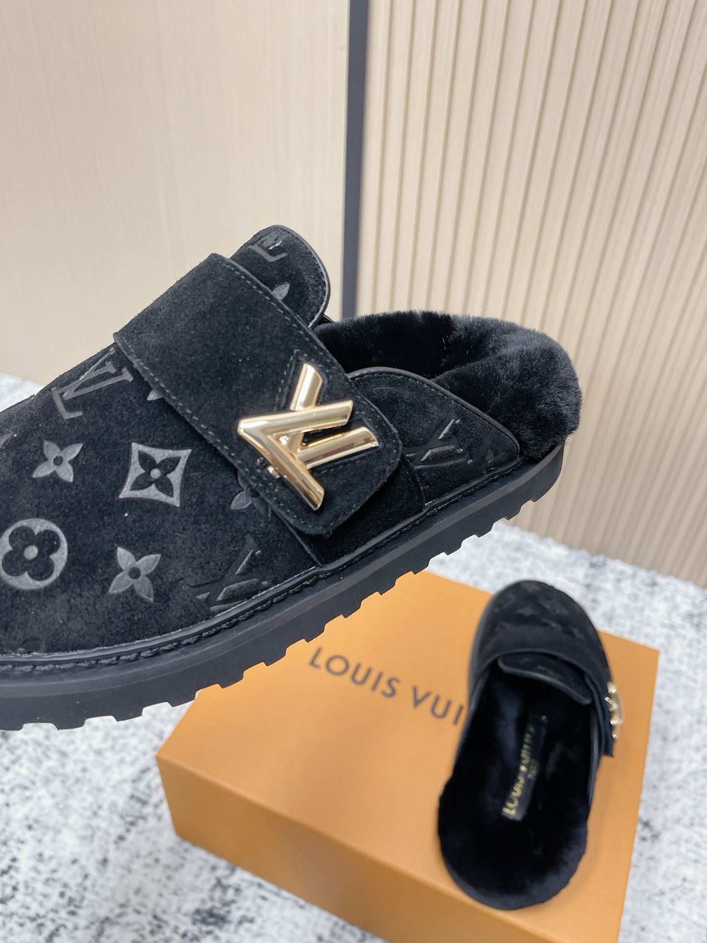 Luxury Monogram Suede Mules - Black Fur-Lined Designer Slippers