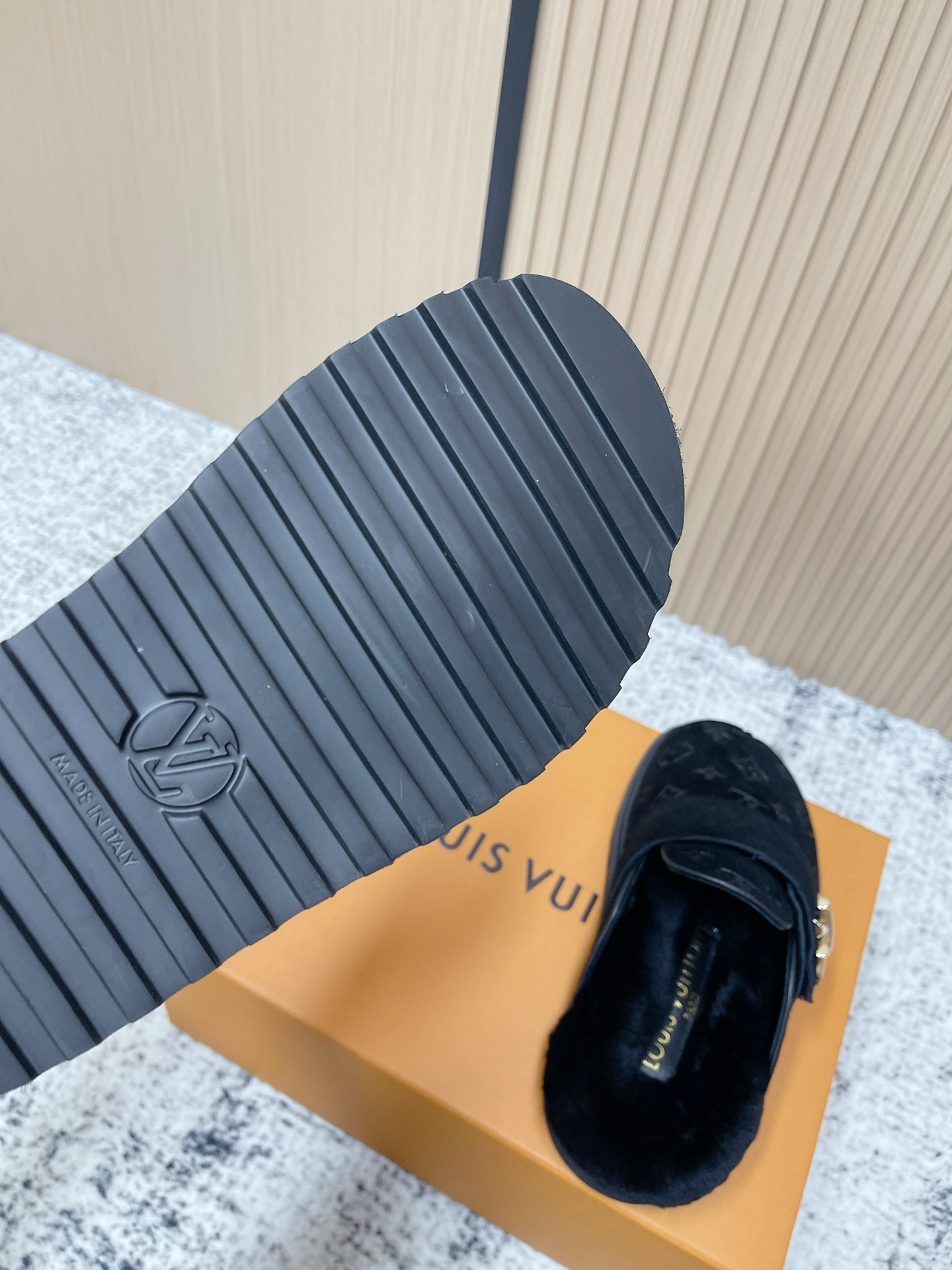 Luxury Monogram Suede Mules - Black Fur-Lined Designer Slippers