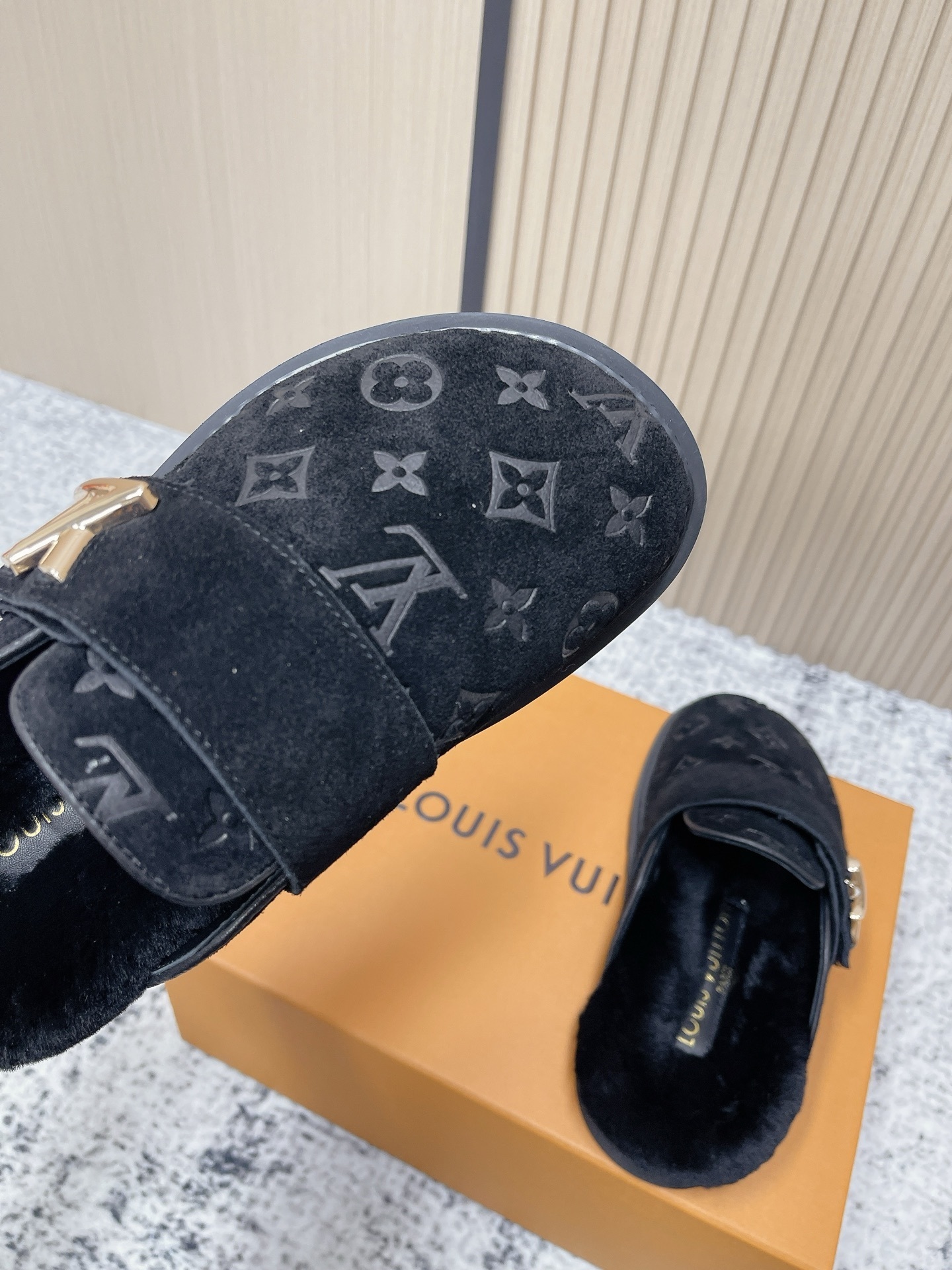Luxury Monogram Suede Mules - Black Fur-Lined Designer Slippers