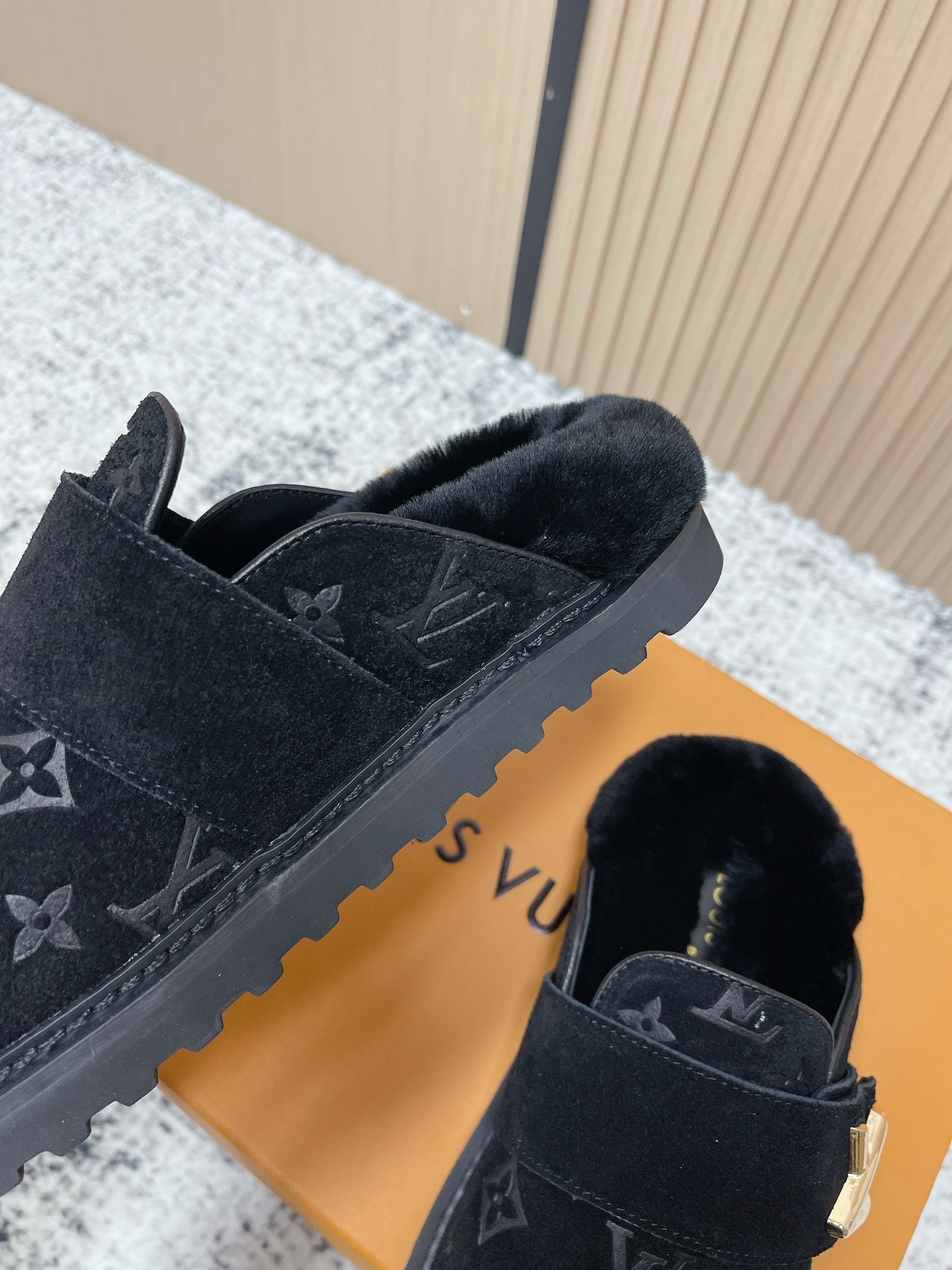 Luxury Monogram Suede Mules - Black Fur-Lined Designer Slippers