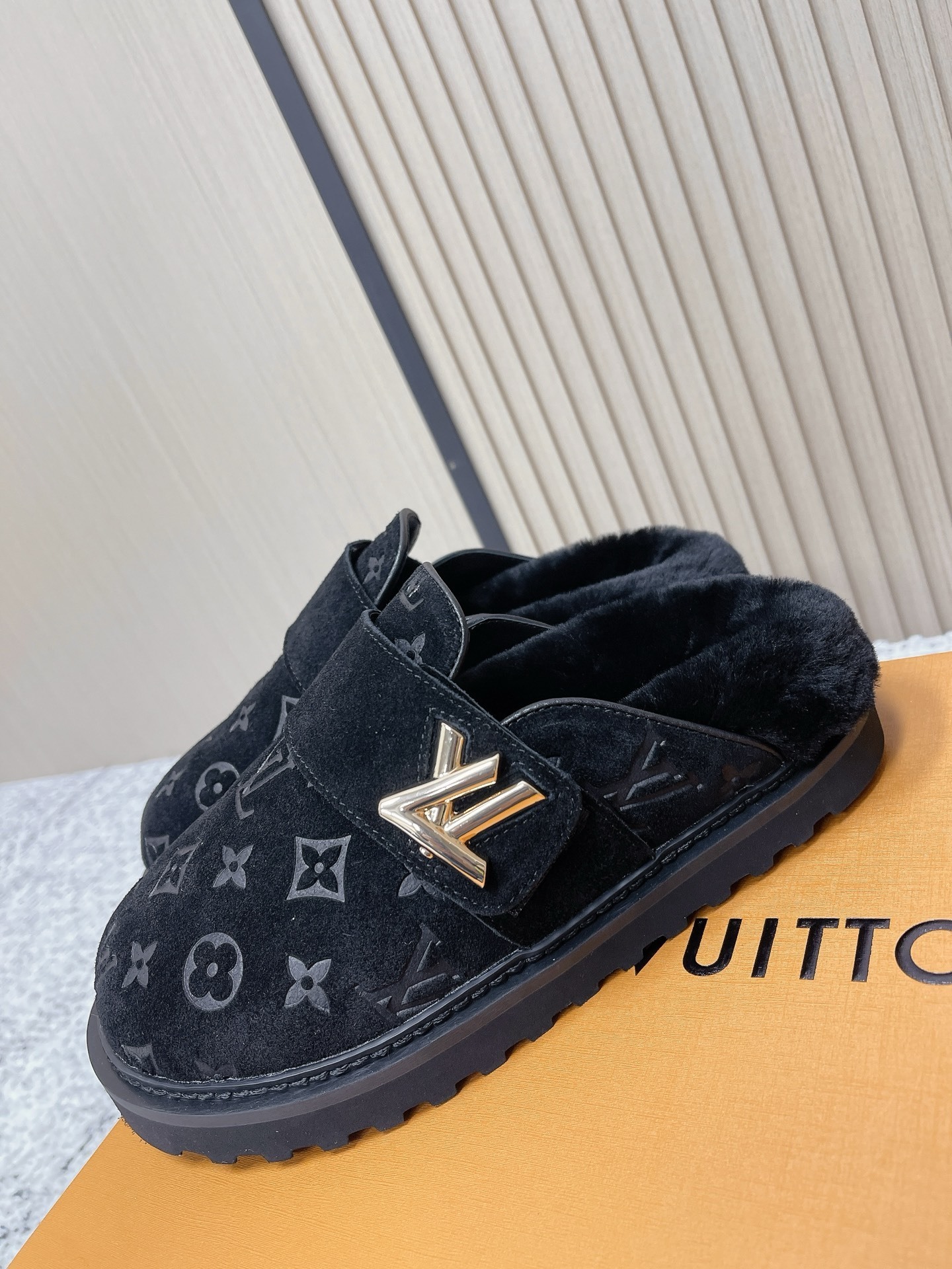 Luxury Monogram Suede Mules - Black Fur-Lined Designer Slippers