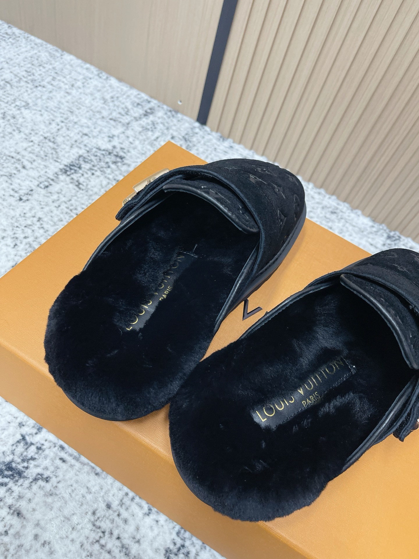 Luxury Monogram Suede Mules - Black Fur-Lined Designer Slippers
