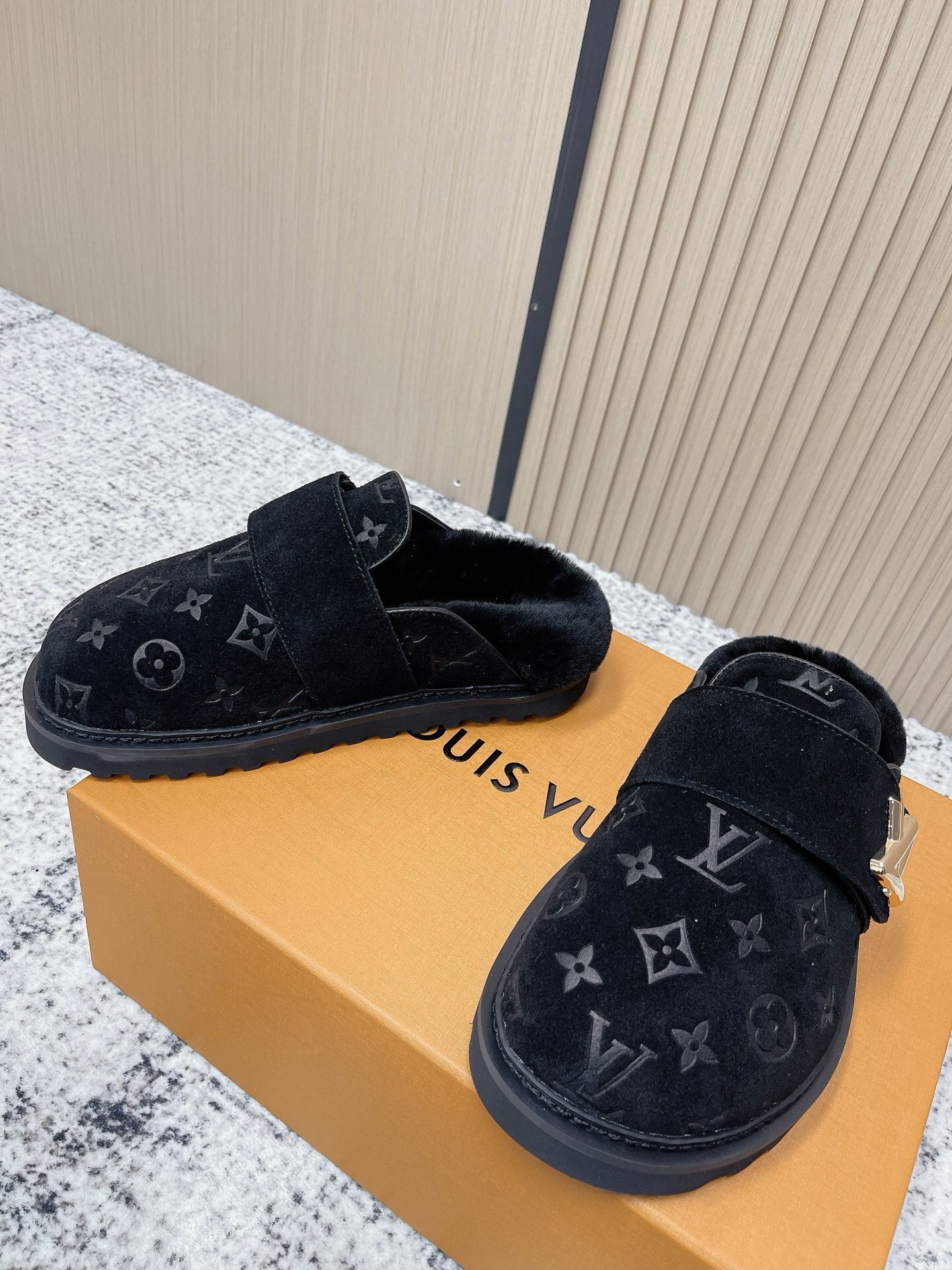 Luxury Monogram Suede Mules - Black Fur-Lined Designer Slippers
