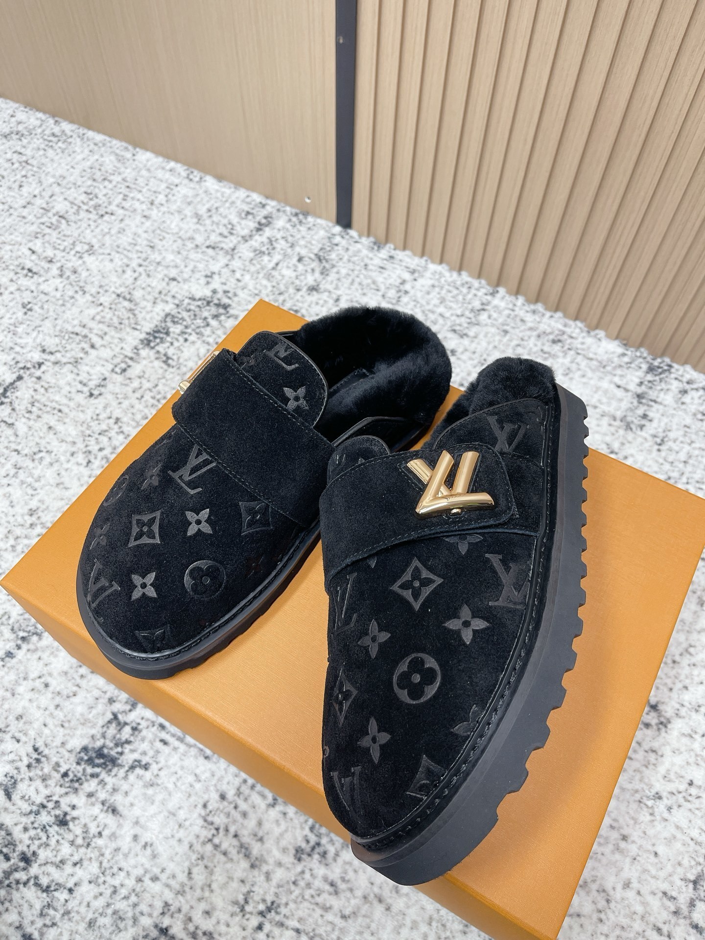 Luxury Monogram Suede Mules - Black Fur-Lined Designer Slippers