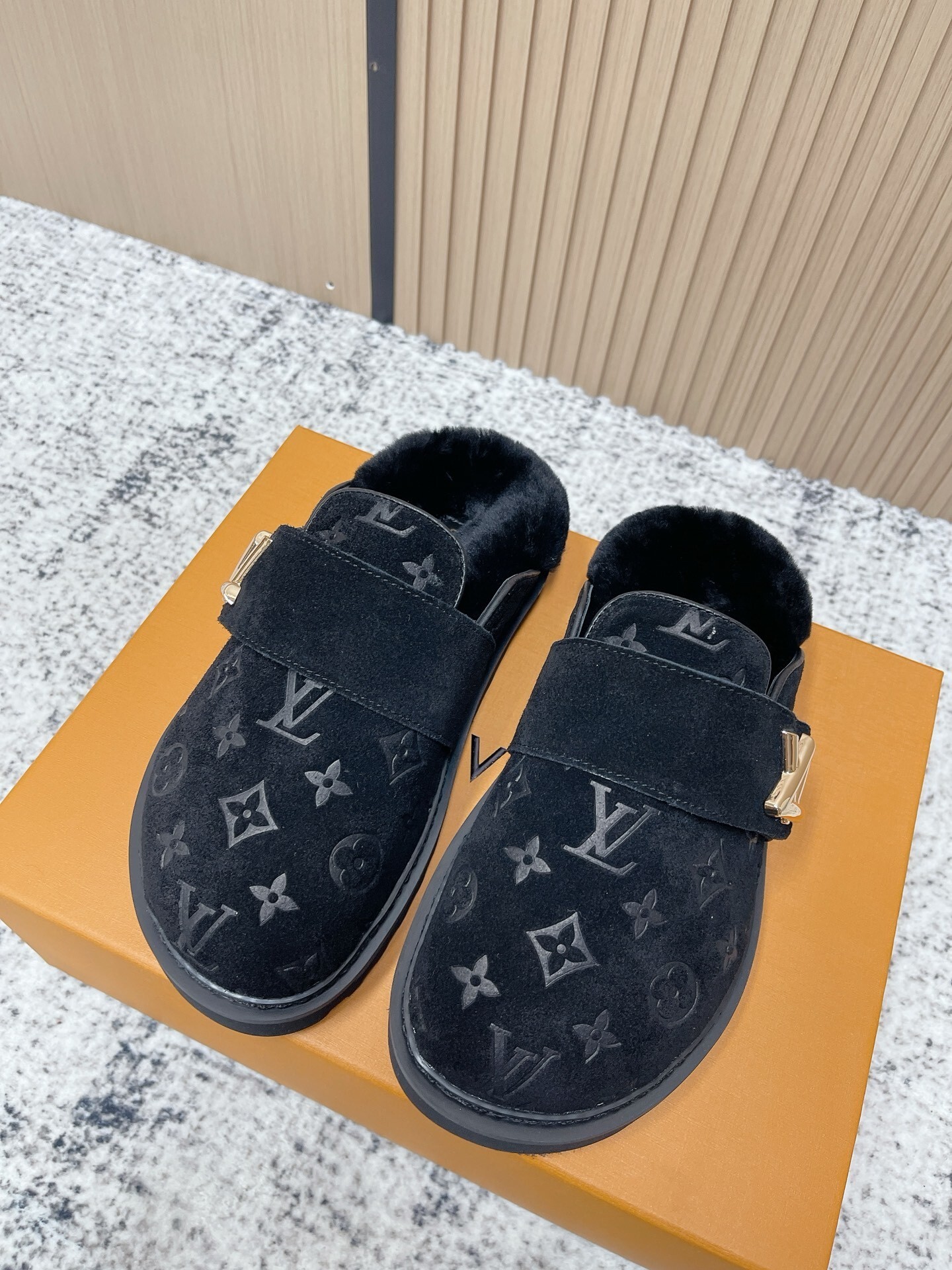 Luxury Monogram Suede Mules – Black Fur-Lined Designer Slippers
