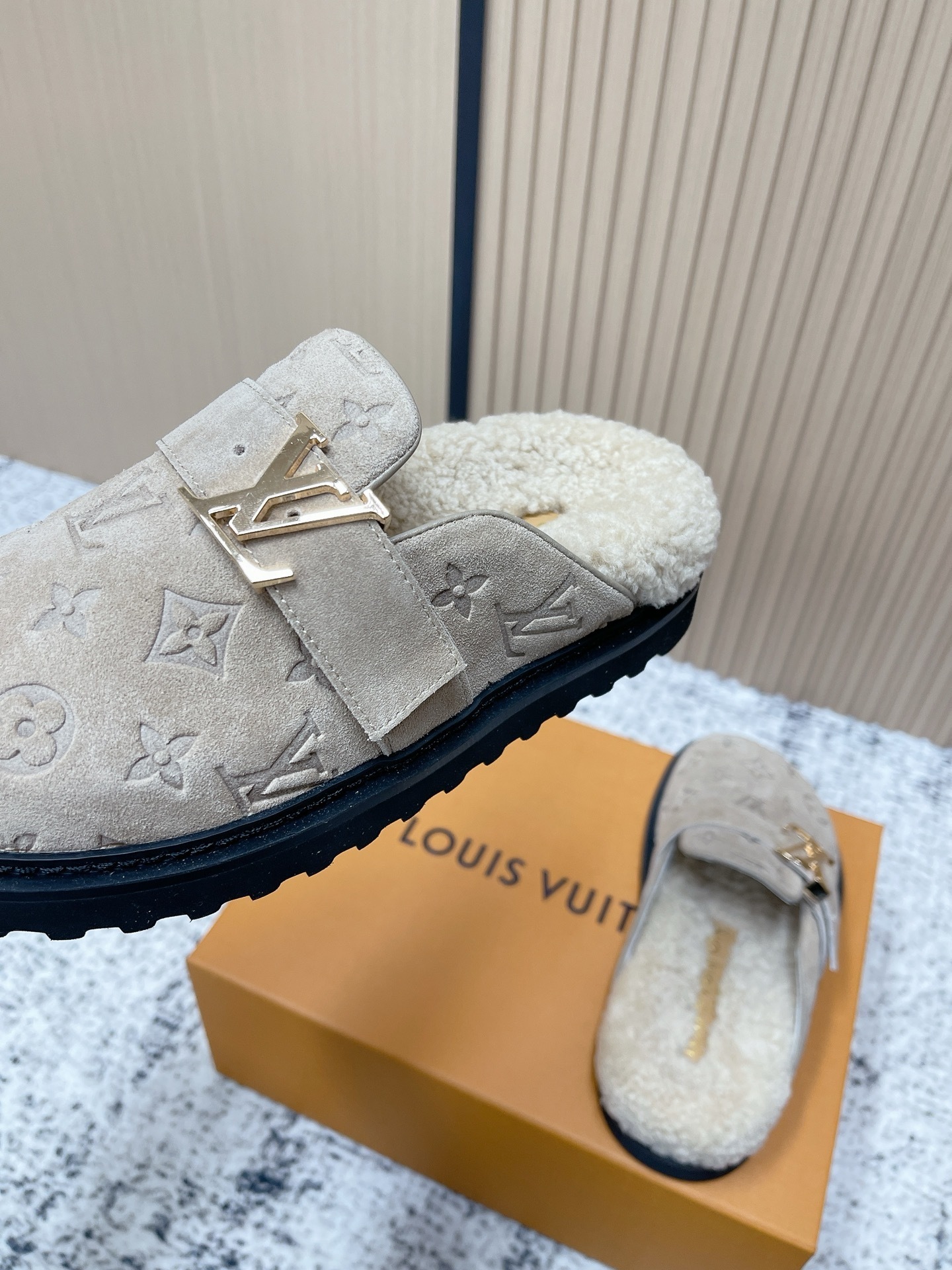 Louis Vuitton Monogram Embossed Suede Shearling Mules