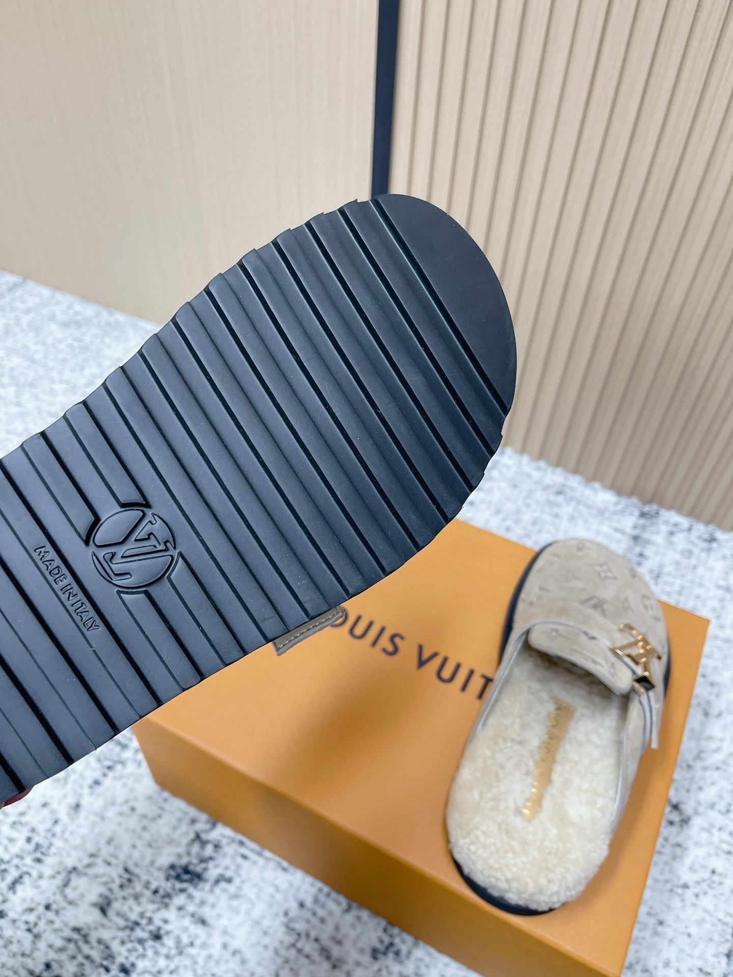 Louis Vuitton Monogram Embossed Suede Shearling Mules