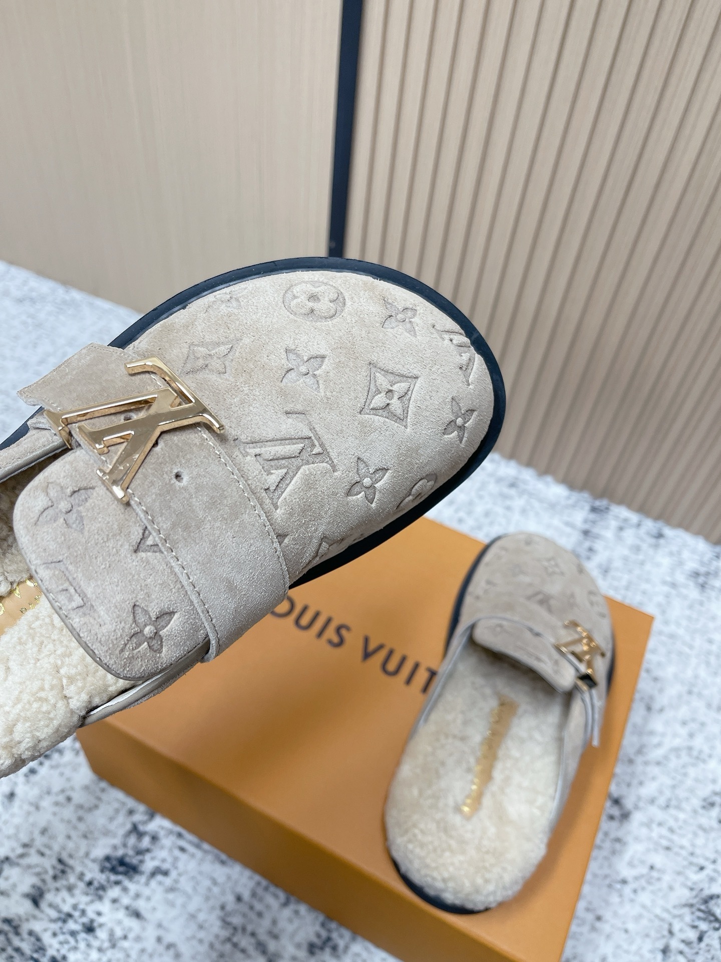 Louis Vuitton Monogram Embossed Suede Shearling Mules