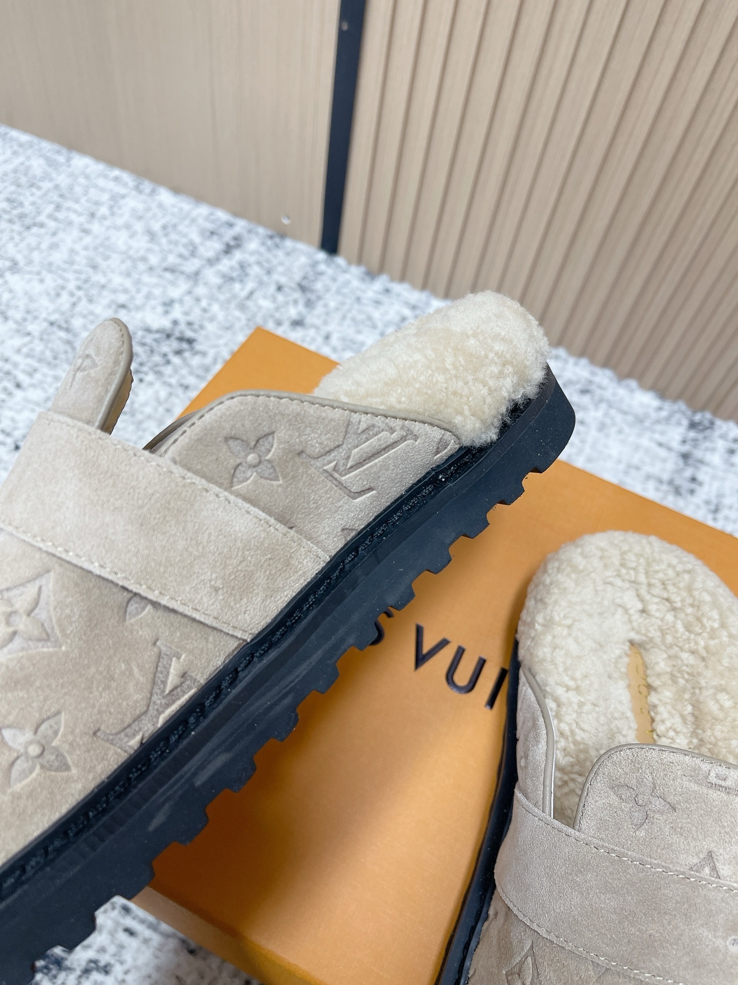 Louis Vuitton Monogram Embossed Suede Shearling Mules