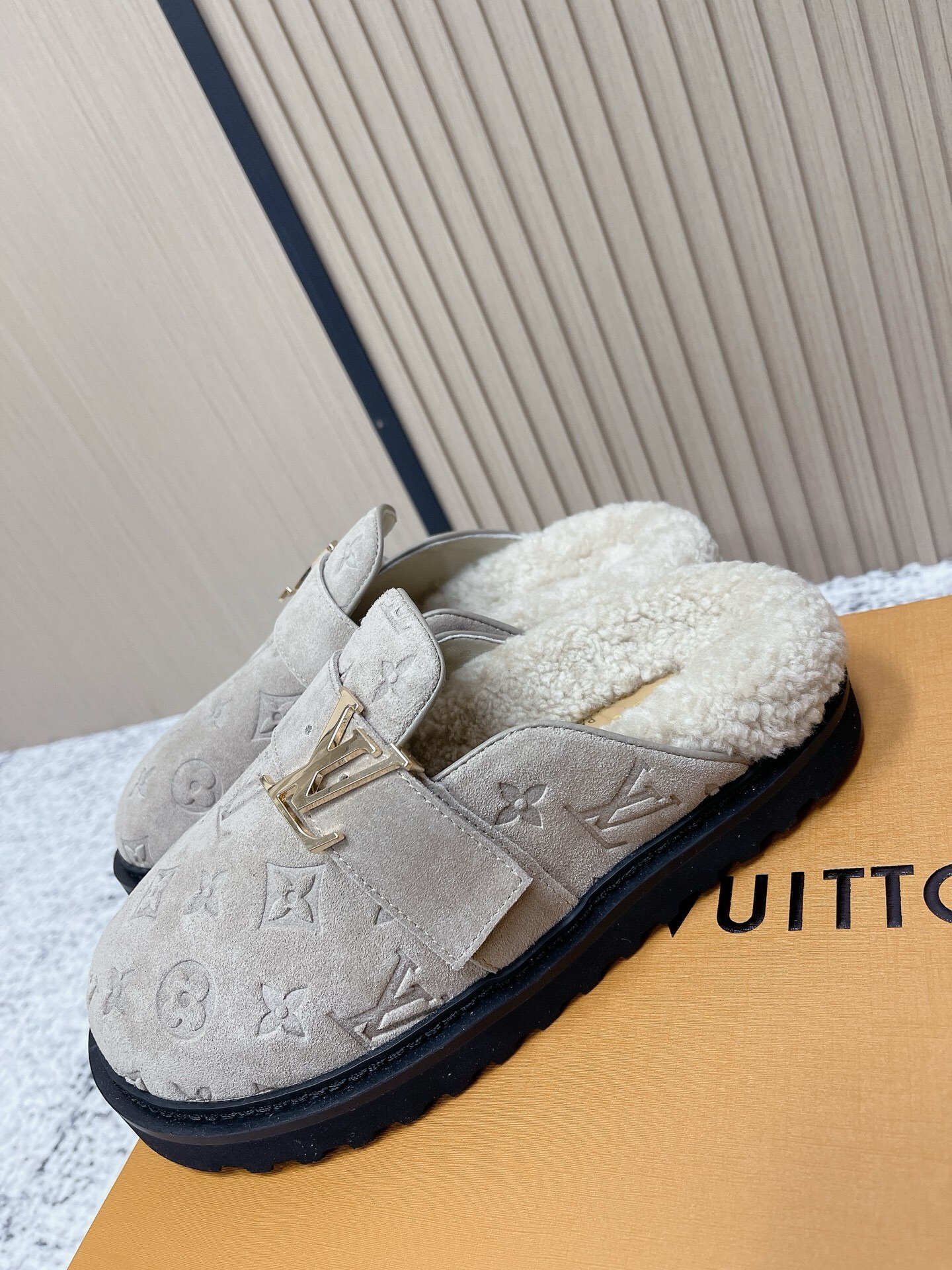 Louis Vuitton Monogram Embossed Suede Shearling Mules
