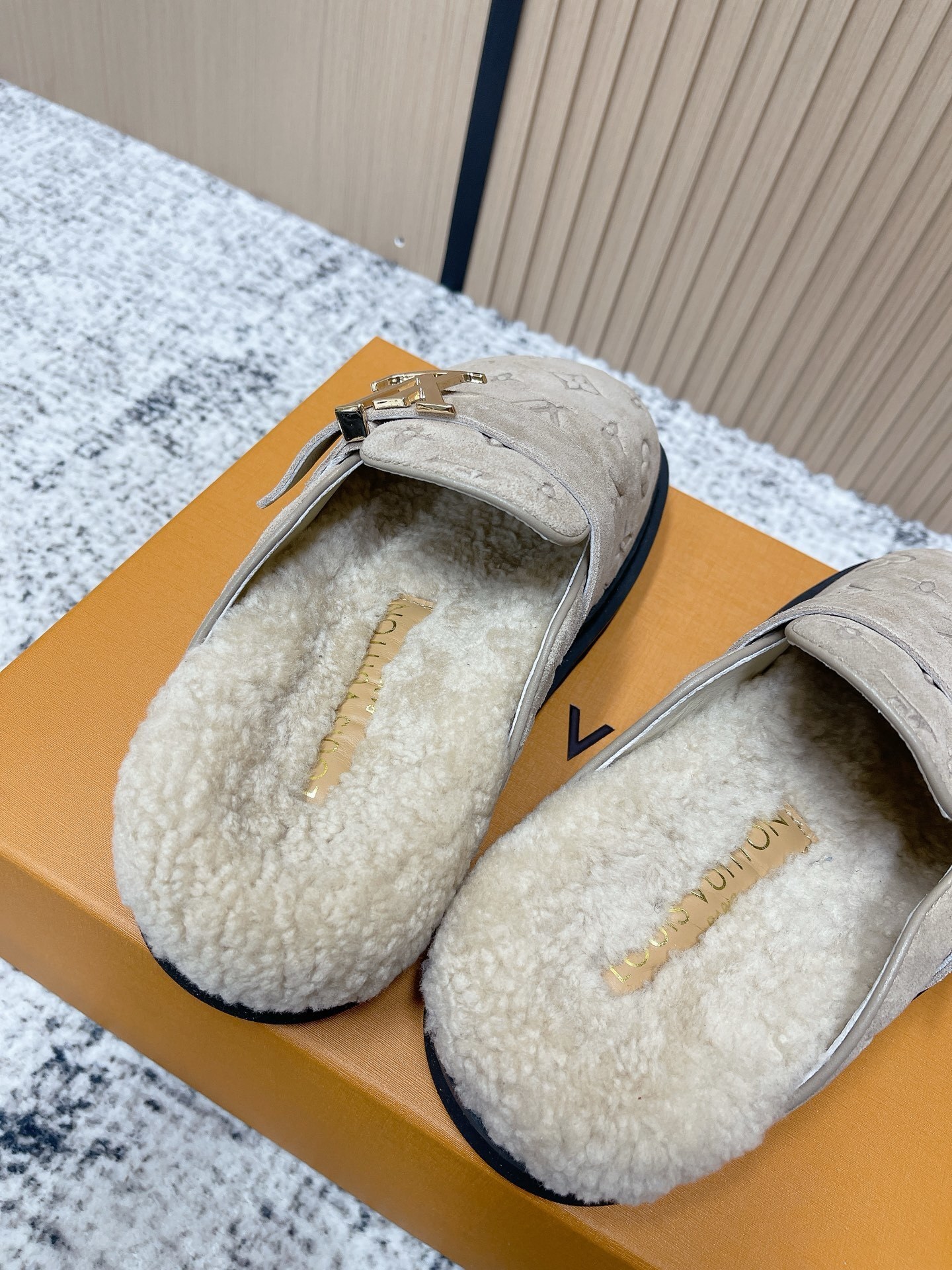 Louis Vuitton Monogram Embossed Suede Shearling Mules