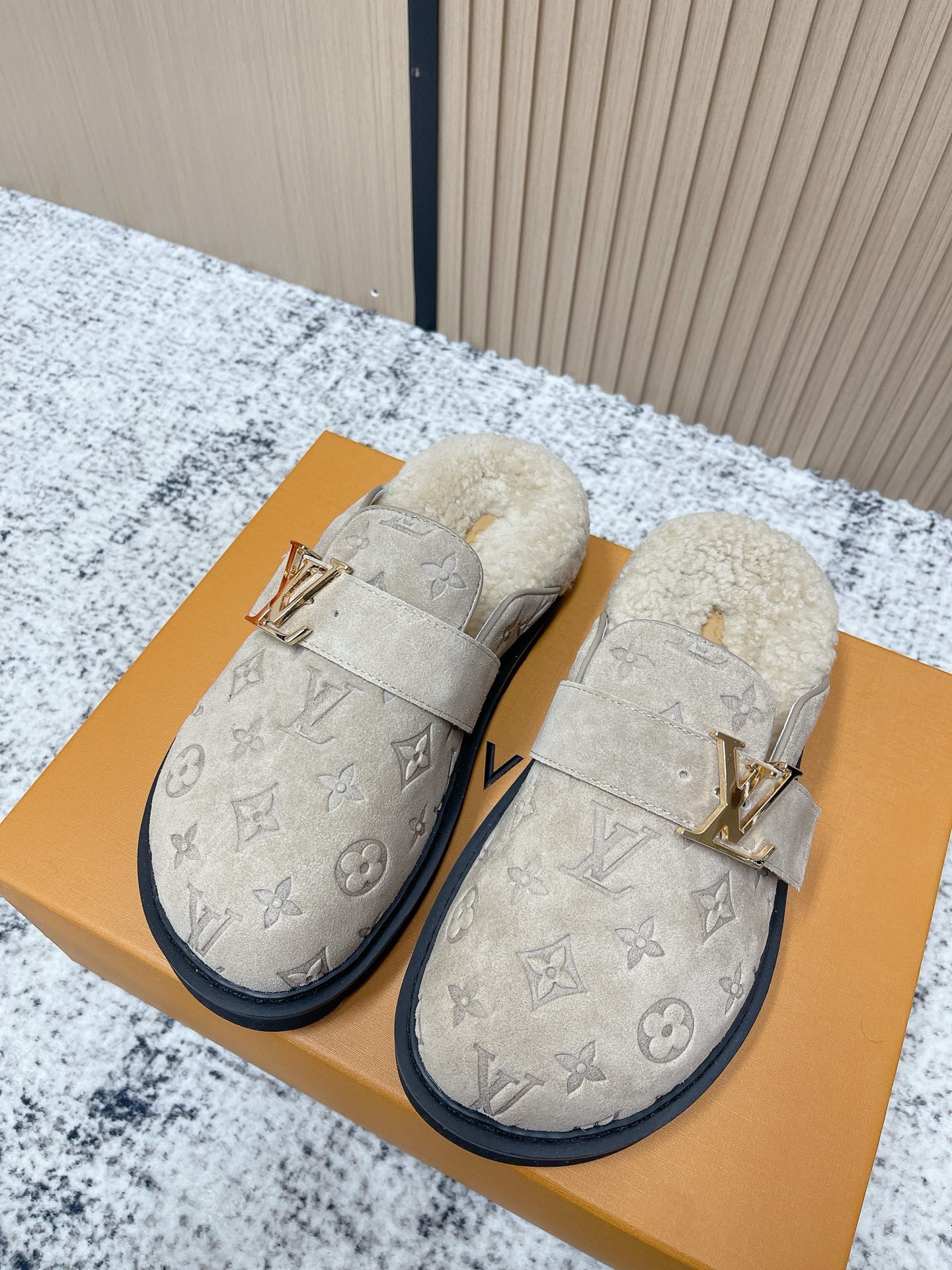 Louis Vuitton Monogram Embossed Suede Shearling Mules
